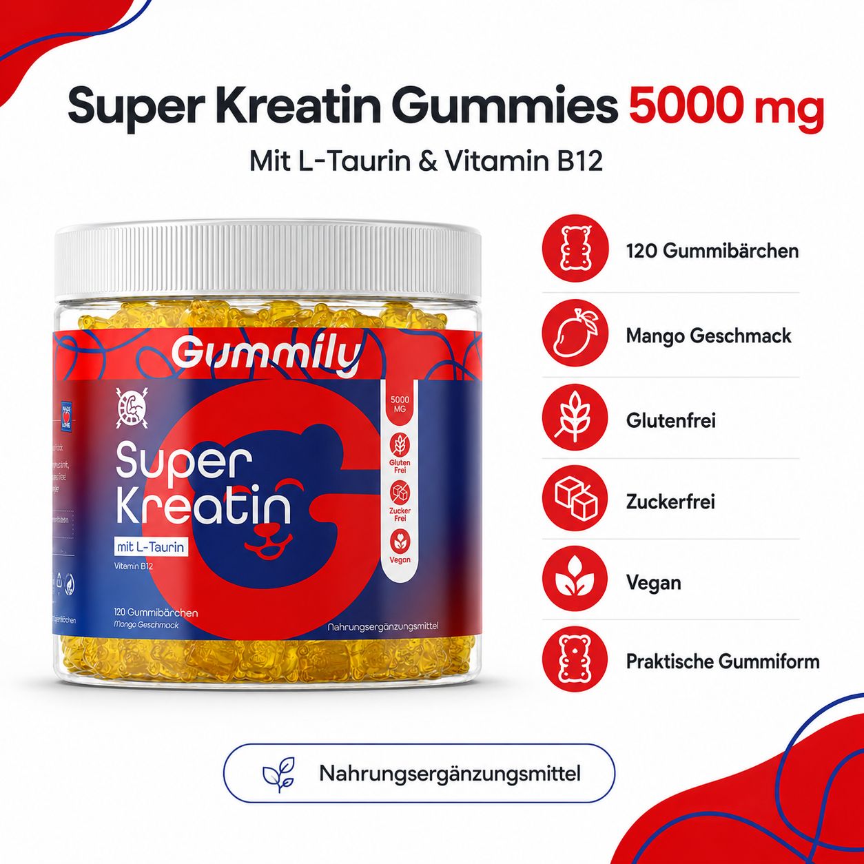 Gummily Super Kreatin Gummibärchen 5000 mg Behälter mit Liste der Vorteile.
