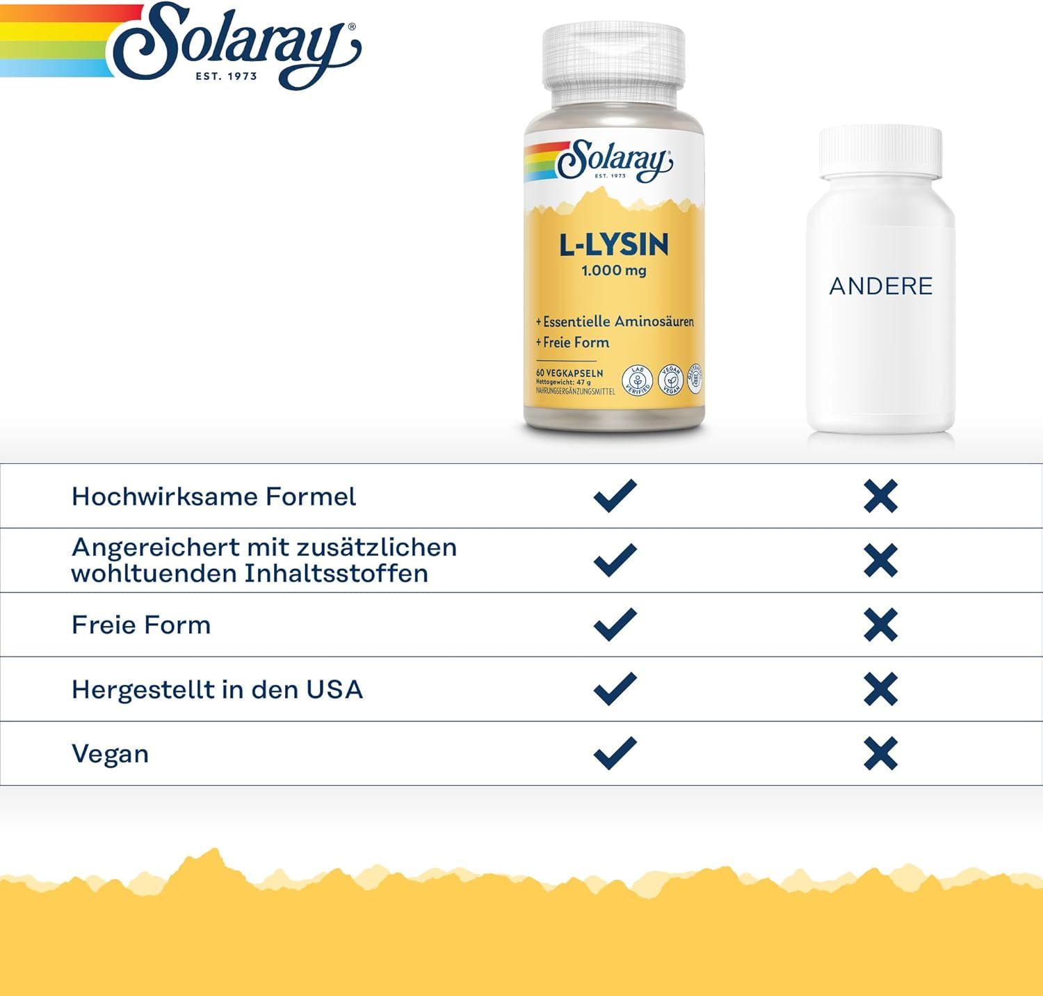 Vergleichstabelle: Solaray L-Lysin Kapseln vs. andere. Merkmale: Hohe Dosis, vegan, hergestellt in den USA.