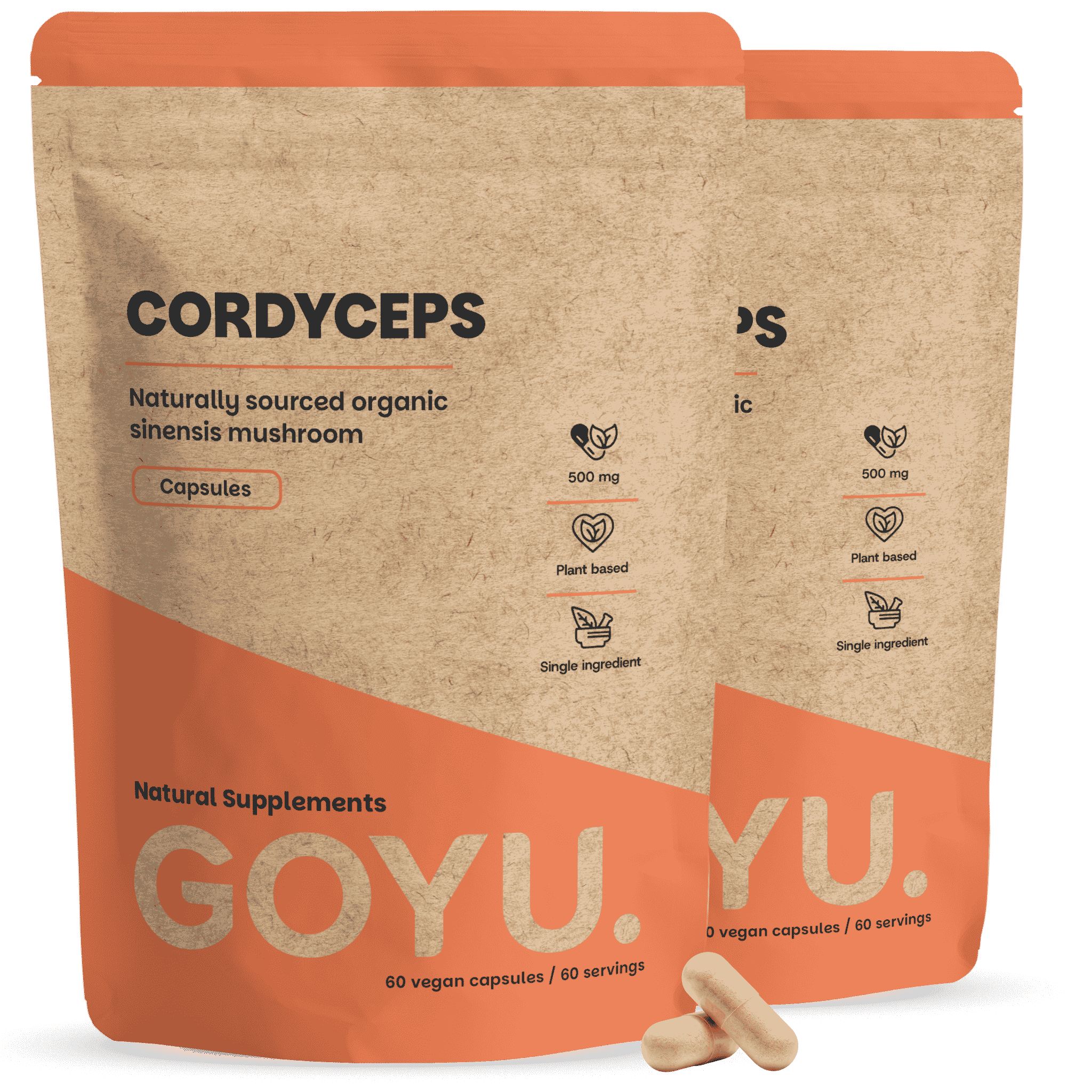 Zwei Beutel Cordyceps-Kapseln, 500 mg, Bio, vegan.