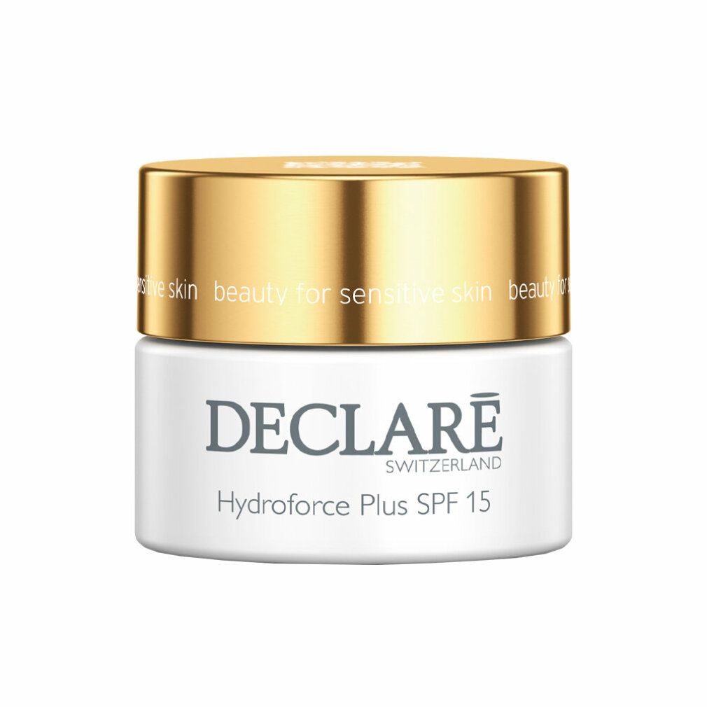 Creme-Tiegel mit goldfarbenem Deckel. Aufschrift: DECLARÉ, Hydroforce Plus SPF15. Creme, Cream, Crème.