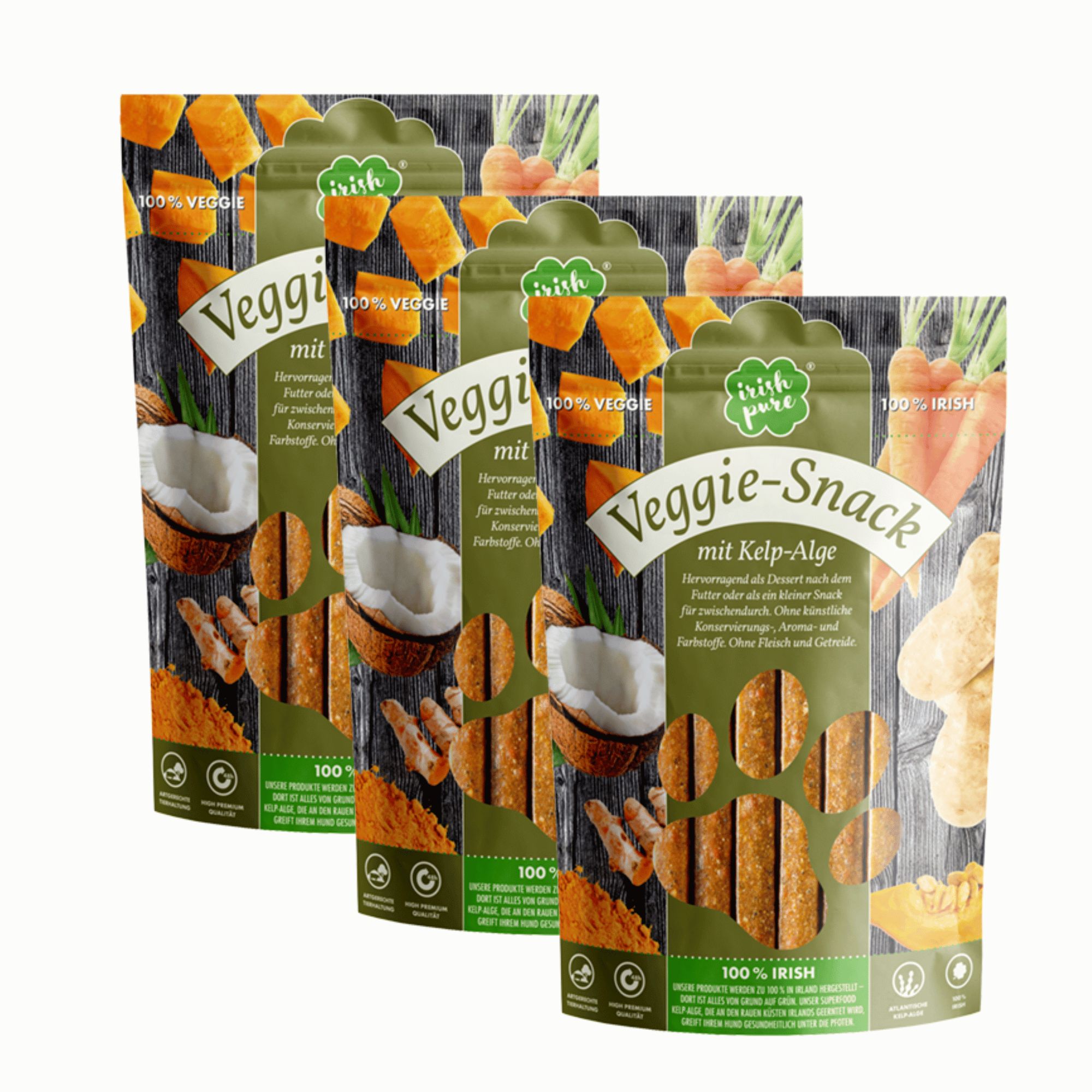 Drei Packungen 'Veggie-Snack mit Kelp-Alge' Hundesnacks mit Karotten, Kokosnuss und Kürbis.