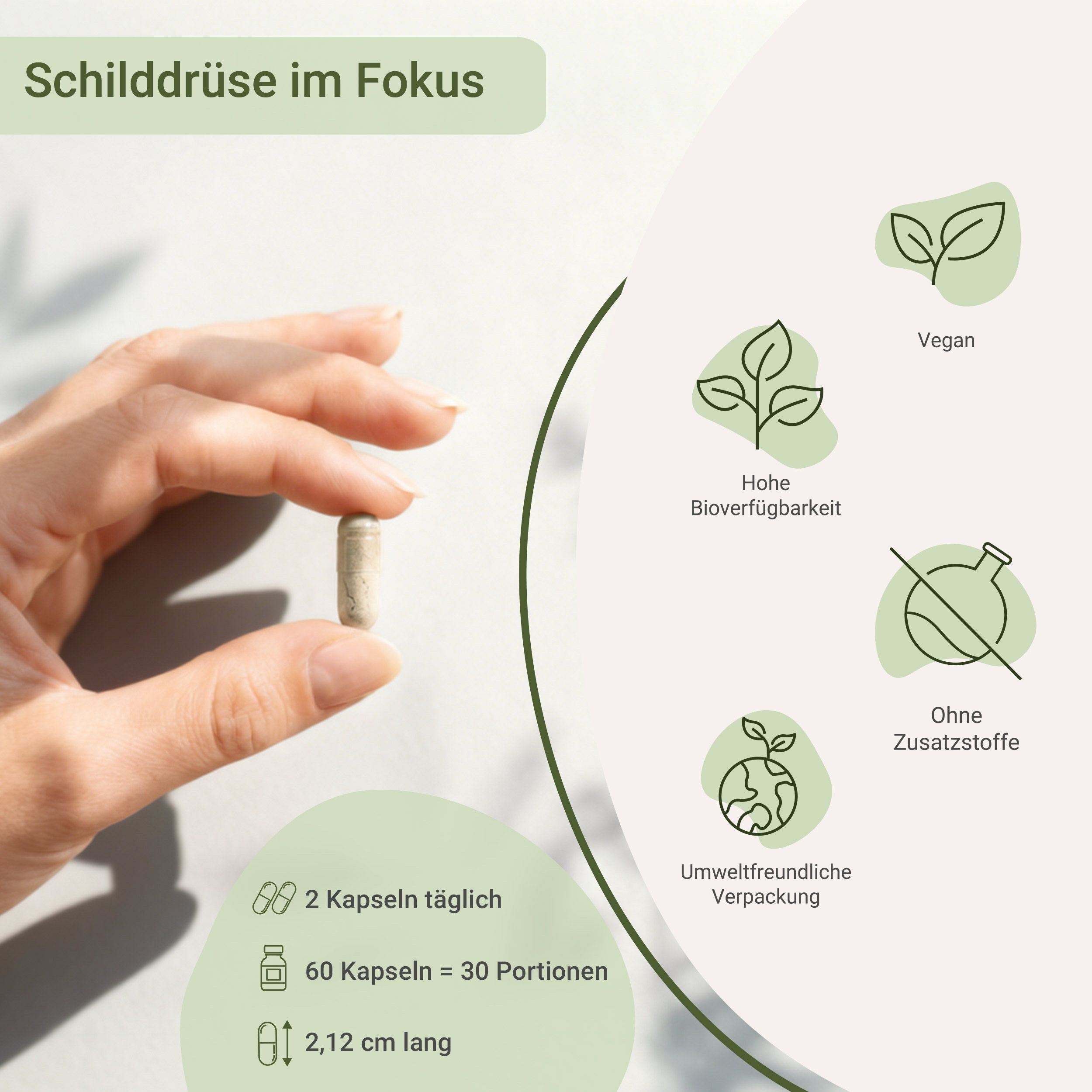 Hand hält eine Kapsel Schilddrüse Vital, mit Icons für vegan, Bioverfügbarkeit und ohne Zusatzstoffe.