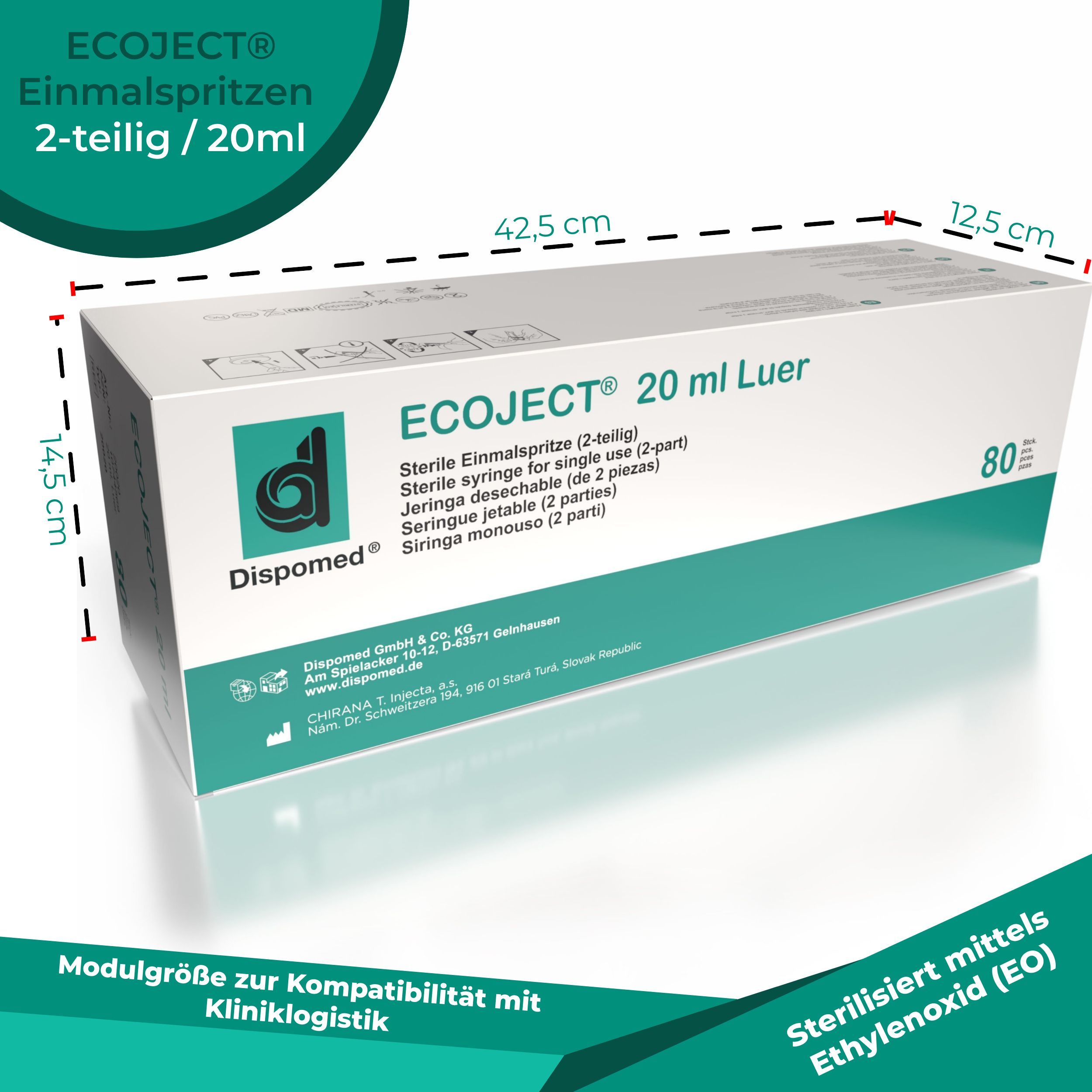 Kartonverpackung mit Aufdruck 'ECOJECT 20 ml Luer'. Abmessungen: 42,5 x 14,5 x 12,5 cm. Logo 'Dispomed'.