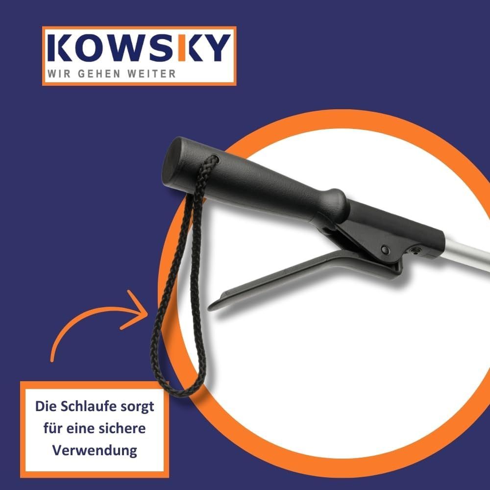 Greifhilfe, schwarz, mit Greifzange und Handgriff. Handschlaufe am Griff. Text: KOWSKY, Wir gehen weiter.