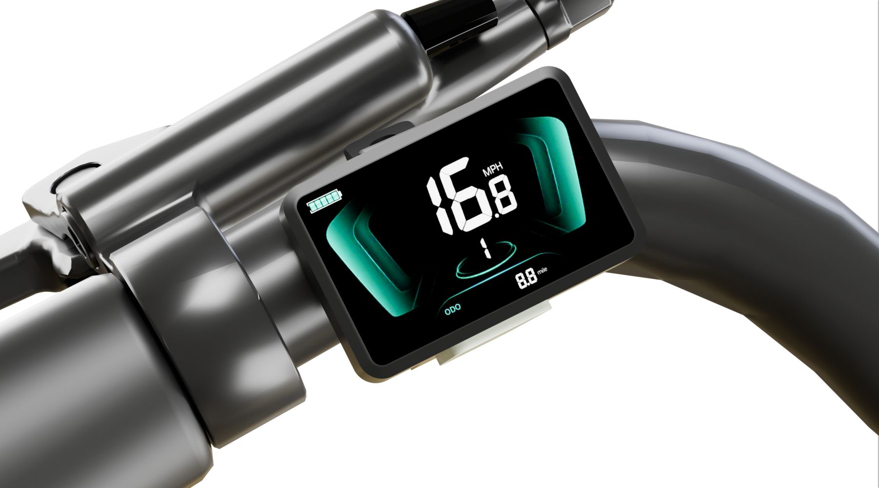 Multifunktionales LCD-Display am Lenker. Zeigt Geschwindigkeit, Batteriestatus und weitere Informationen an.