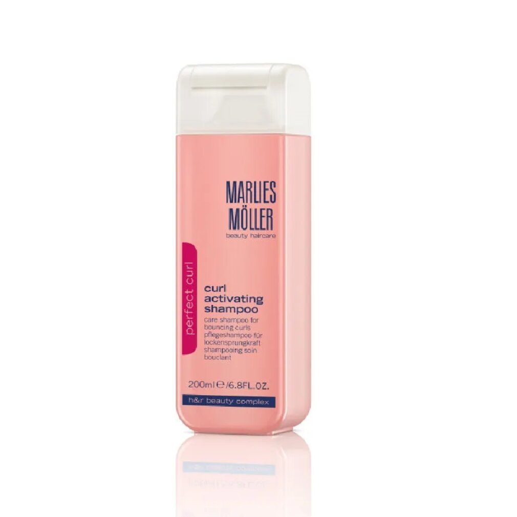 Rosa Flasche Marlies Möller Curl Activating Shampoo. Weißer Deckel. Text: Perfect Curl, 200ml.