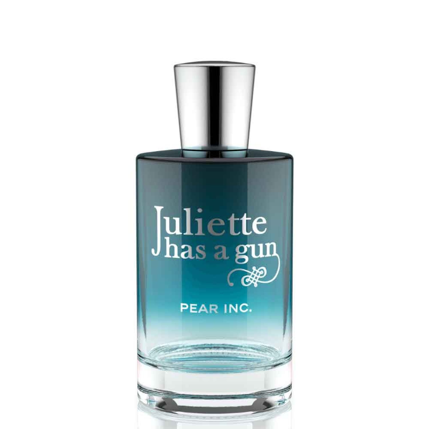 Glasflakon mit silbernem Verschluss. Aufschrift: Juliette has a gun, Pear Inc. Farbverlauf von blau nach transparent.