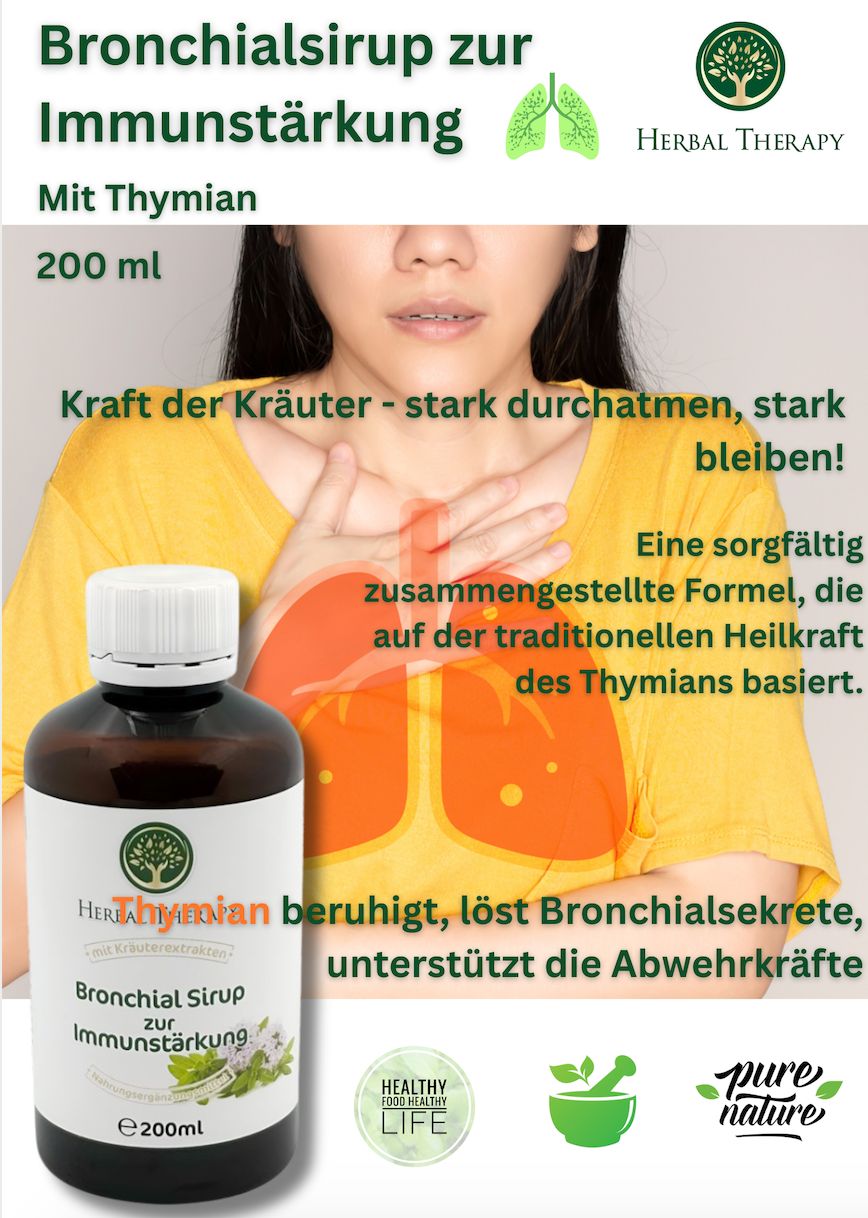 Produktflasche und Lunge-Illustration. Aufschrift: Bronchialsirup zur Immunstärkung, Herbal Therapy, 200 ml.