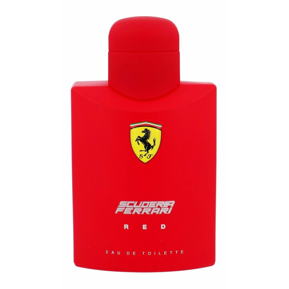 Rotes Eau de Toilette. Logo und Schriftzug Scuderia Ferrari Red. Roter Verschluss.