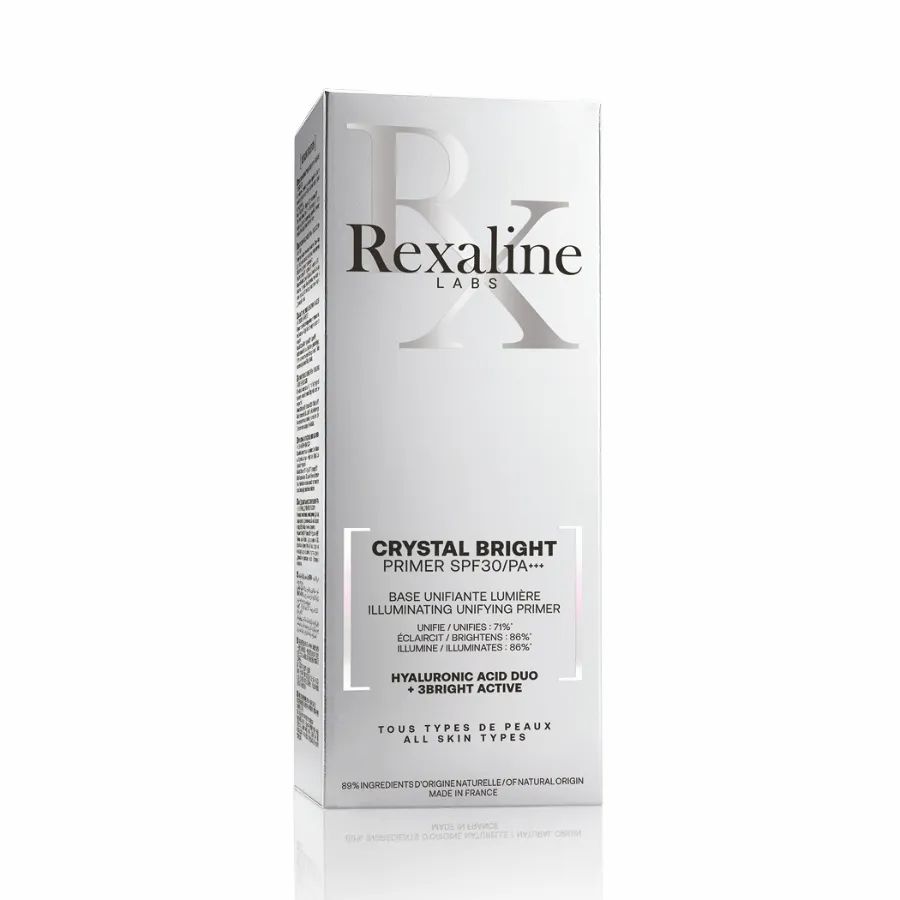 Produktverpackung Rexaline Crystal Bright Primer SPF30. Weißer Karton mit Text.