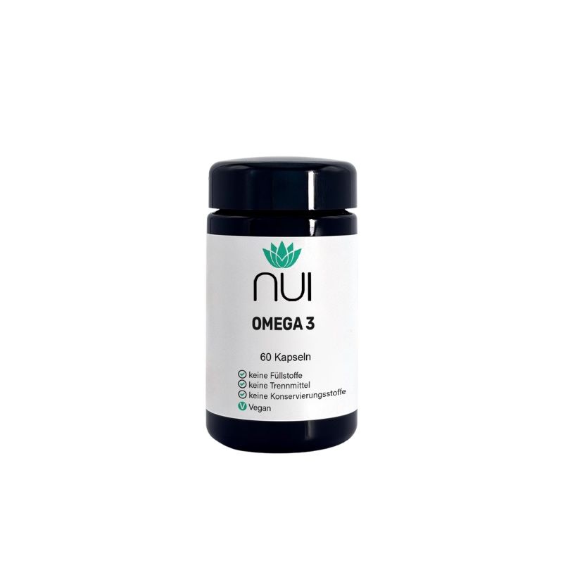 Dunkelblaue Dose mit weißem Etikett. Aufschrift: NUI Omega 3, 60 Kapseln. Vegan-Siegel.
