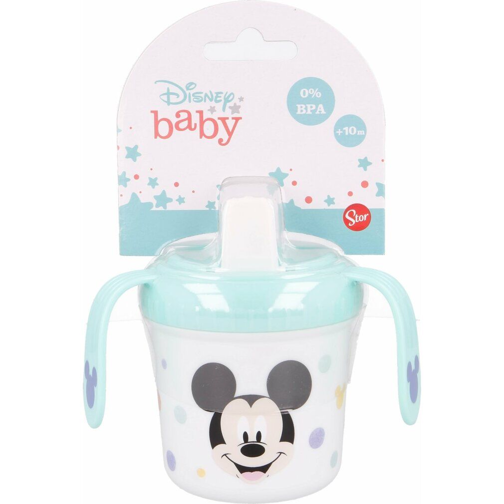 Trinkbecher mit Ohren und Mickey Mouse-Motiv. Hellblauer Deckel und Henkel. Verpackung mit Disney Baby-Logo und BPA-Hinweis.