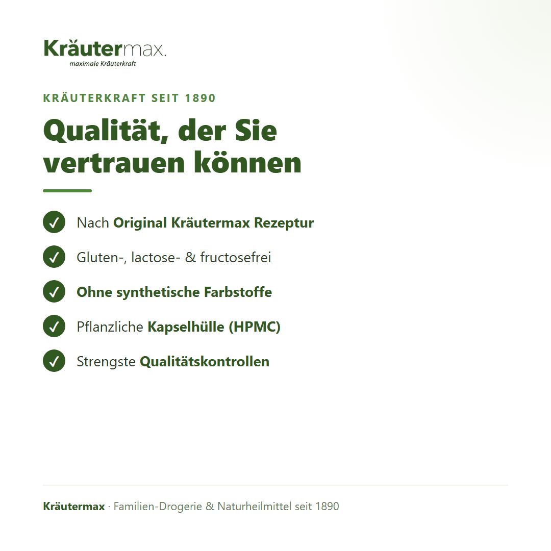 Kräutermax: Qualität seit 1890. Gluten-, lactose-, fruchtosefrei. Pflanzliche Kapselhülle.