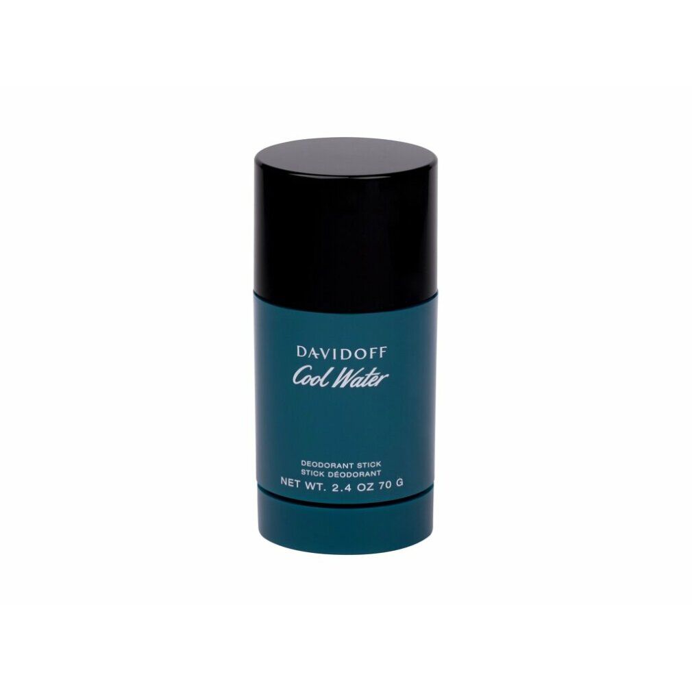 Davidoff Cool Water Deodorant Stick. Zylindrische Verpackung in Blau-Türkis. Produktbezeichnung und Inhaltsangabe.
