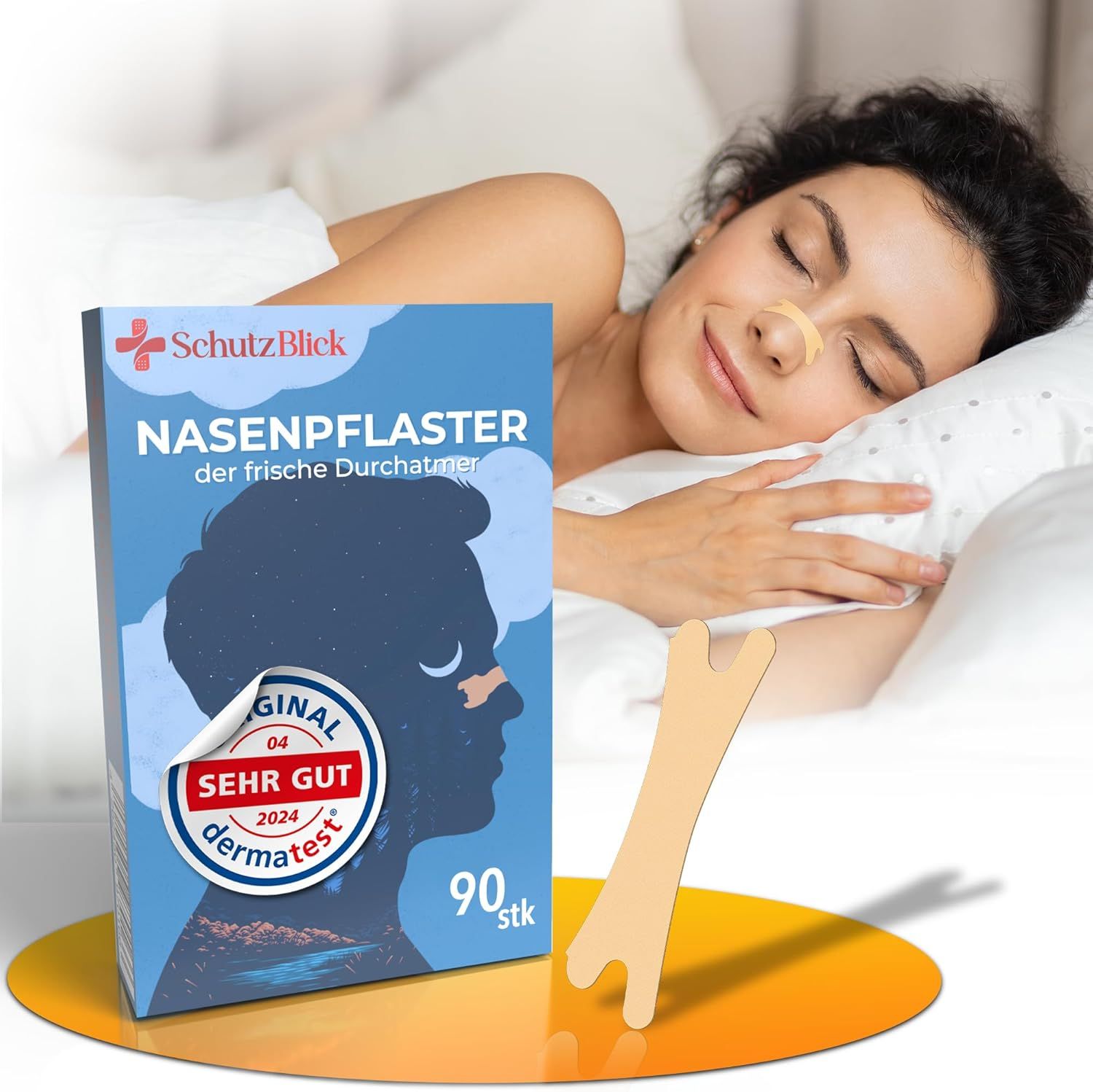 Frau schläft, Nasenpflaster. Verpackung: Schutzblick Nasenpflaster, 90 Stück. Dermatest-Siegel. Text: Deutschlands Nr. 1, Nasenpflaster der frische Durchatmer.