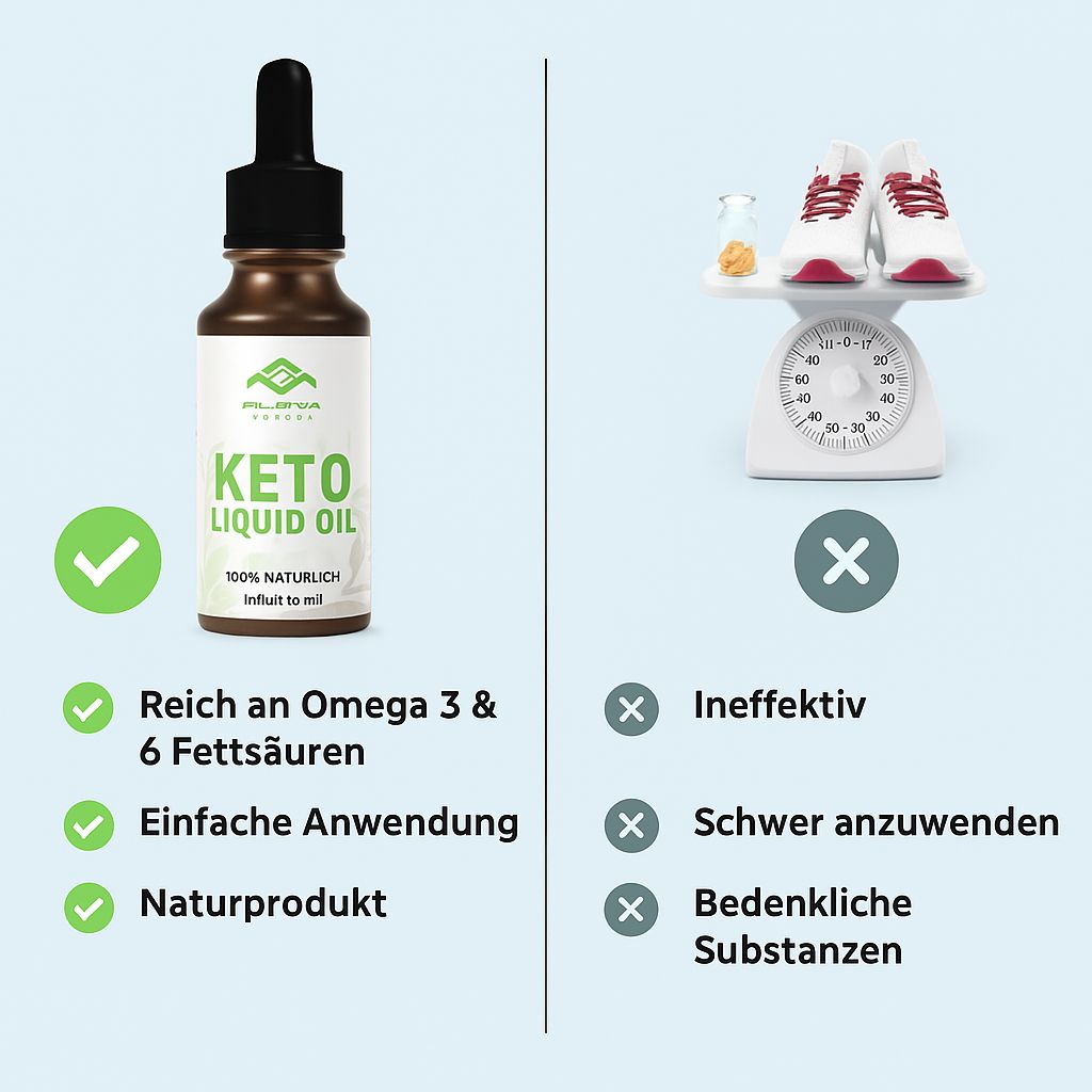 Produkt mit grünen Häkchen und roten Kreuzen. Text: Reich an Omega 3 & 6 Fettsäuren, Einfache Anwendung, Naturprodukt.