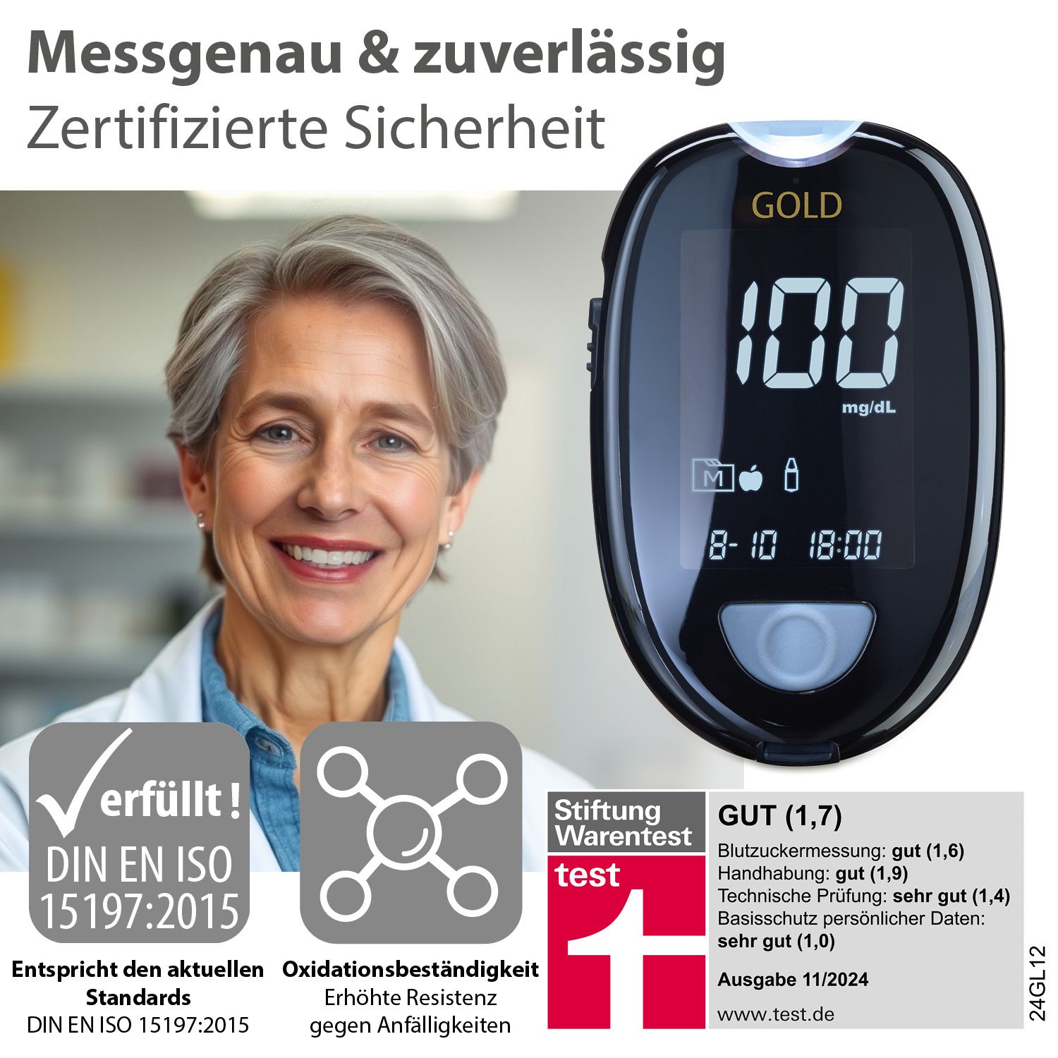 GlucoCheck GOLD Set (mg/dl) zur Kontrolle des Blutzuckers mit 110 Teststreifen