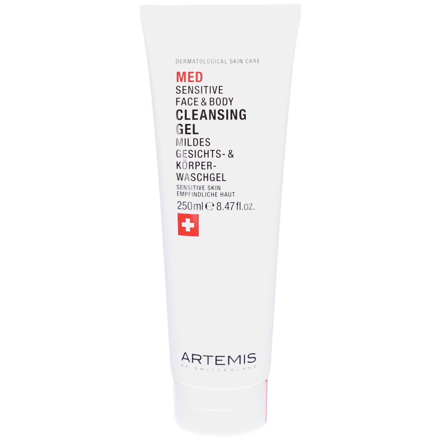 Weiße Tube mit roter Schrift. MED Sensitive Face & Body Cleansing Gel. Schweizer Kreuz.