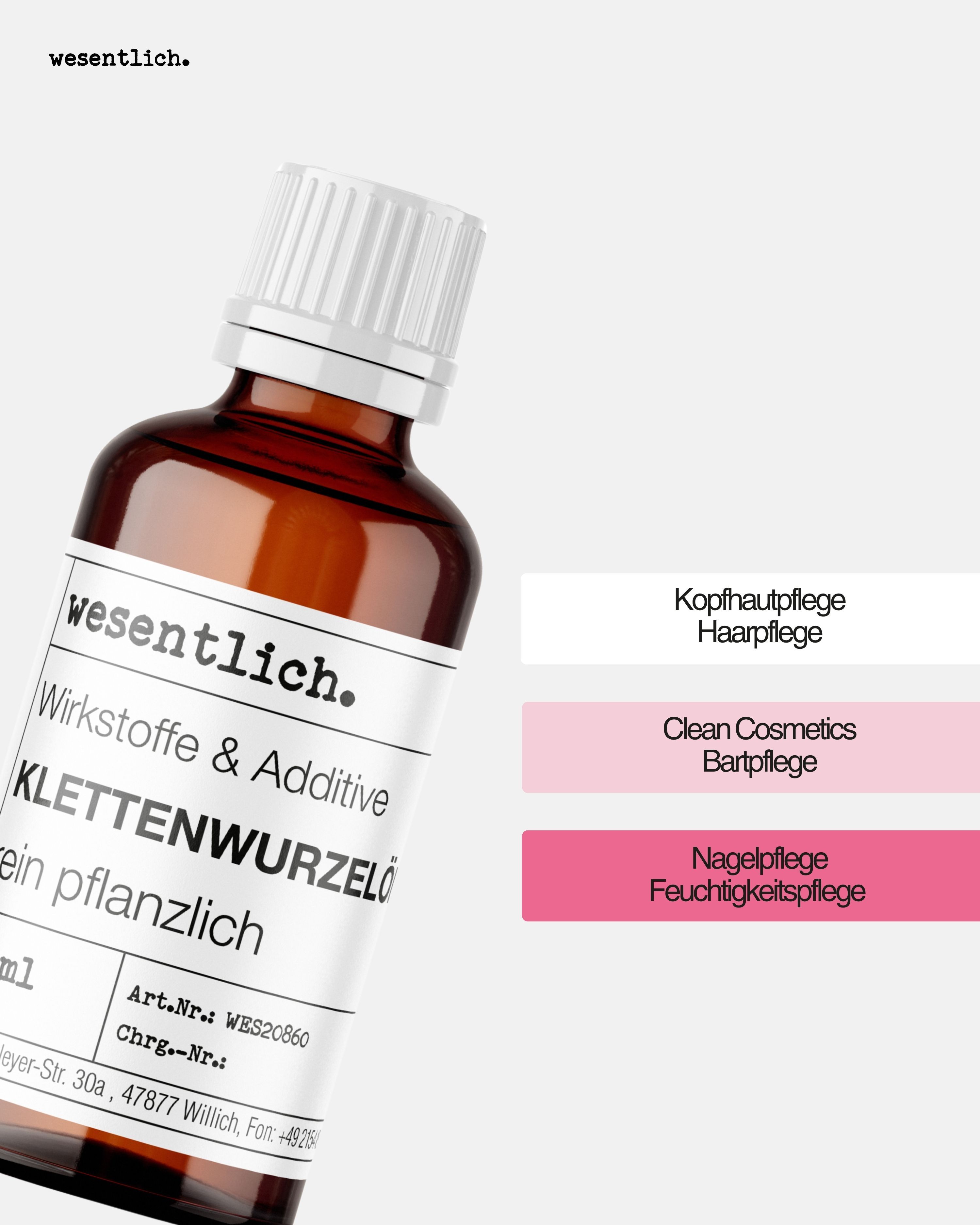 Flasche Klettenwurzelöl mit Hinweisen zu Kopfhaut-, Haar-, Bart- und Nagelpflege.