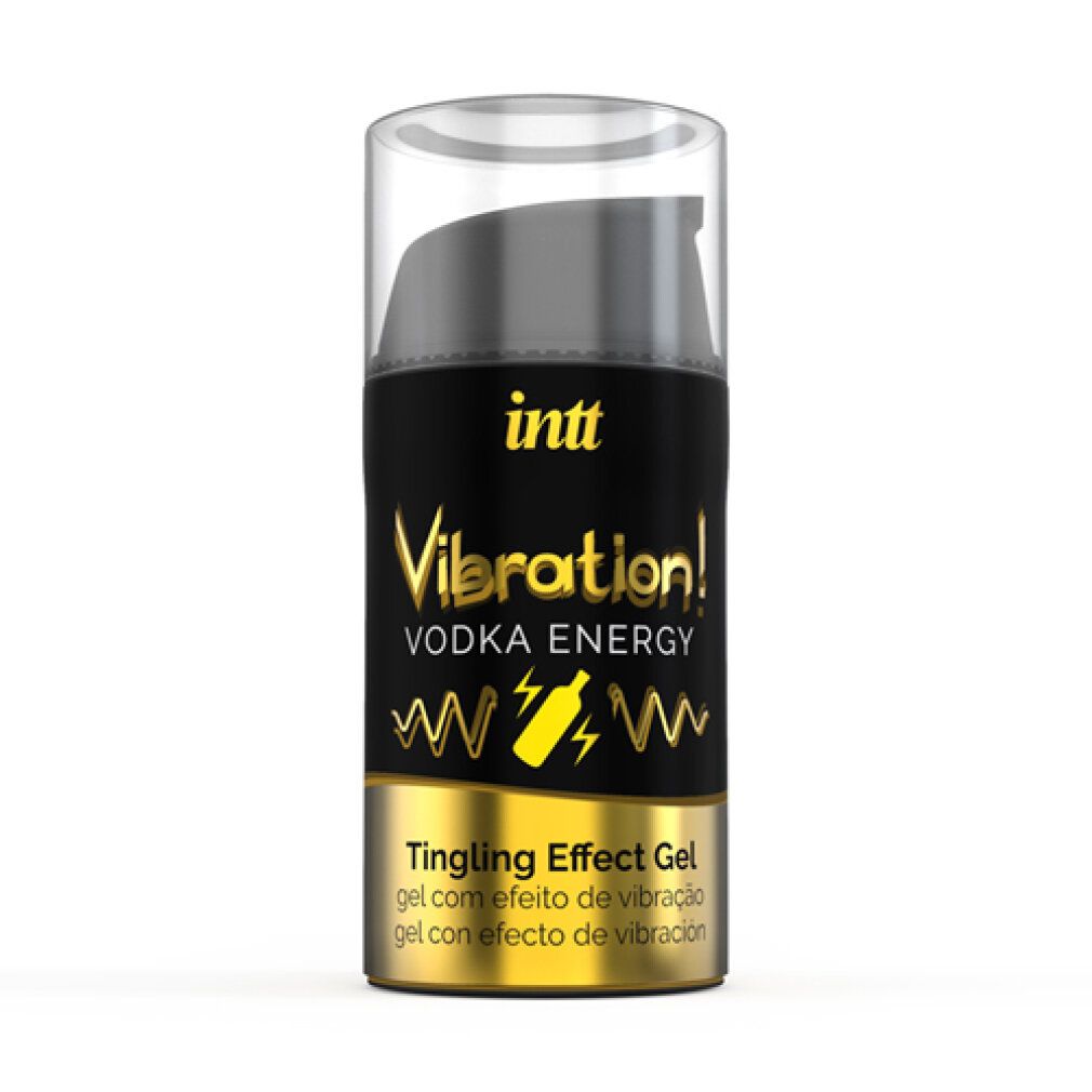 Klarer Flakon mit schwarzem Deckel. Aufschrift: INTT, Vibration! Vodka Energy, Tingling Effect Gel. Goldene Akzente.