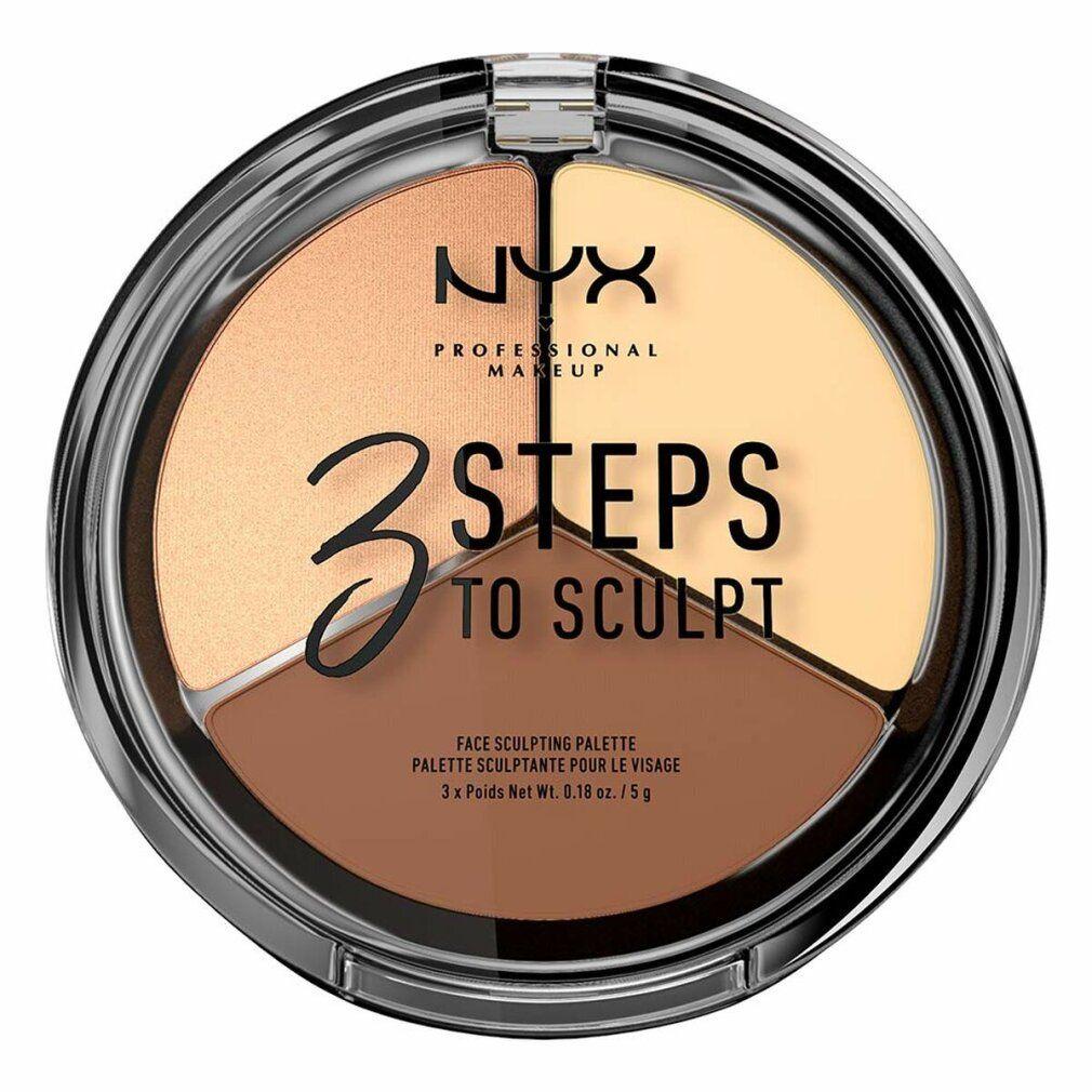 Runde Kosmetikpalette mit drei Farbtönen. Schwarzer Behälter mit transparentem Deckel. Auf dem Deckel steht "3 STEPS TO SCULPT".