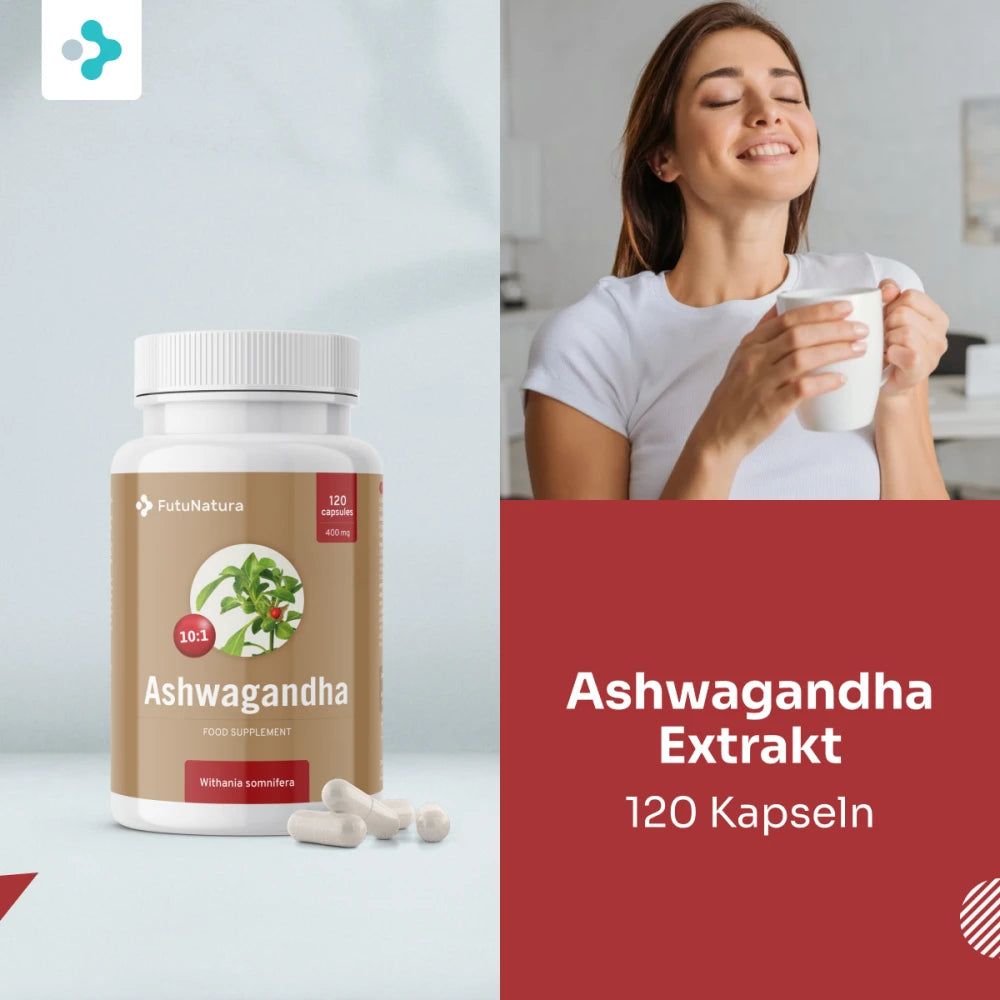 Dose Ashwagandha Extrakt und Frau mit Tasse. Aufschrift: 120 Kapseln. Logo: FutuNatura. Abbildung: Ashwagandha-Pflanze. Weiße Kapseln daneben.