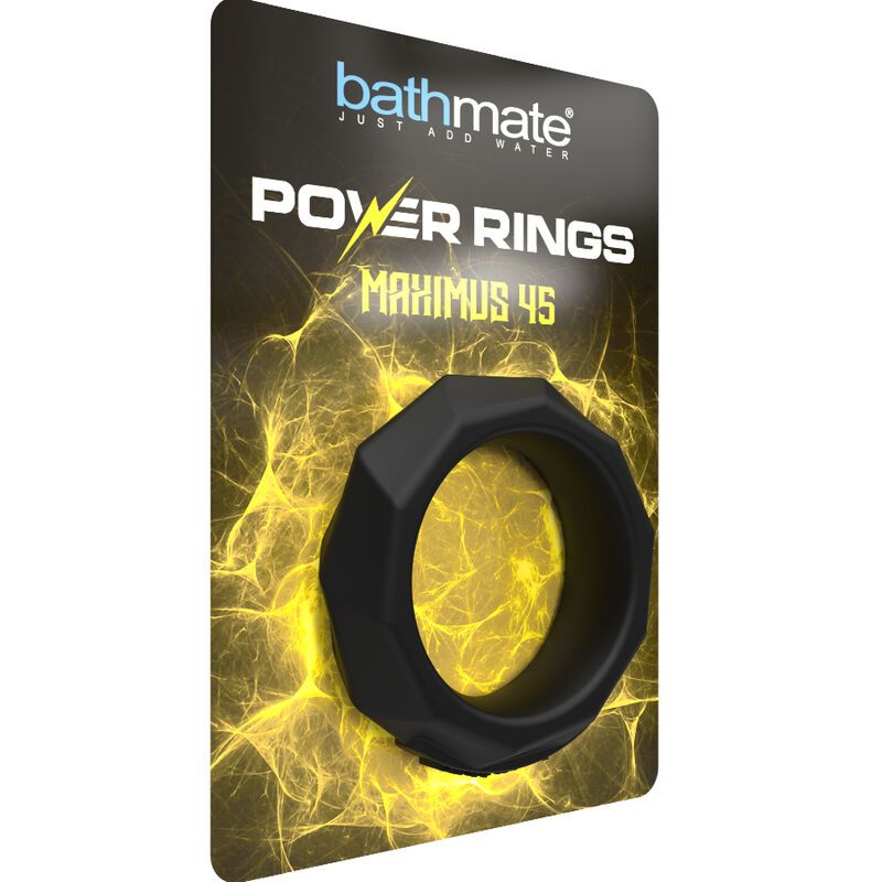 Verpackung mit schwarzem Ring. Aufschrift: Bathmate, Power Rings, Maximus 45. Gelber Hintergrund.