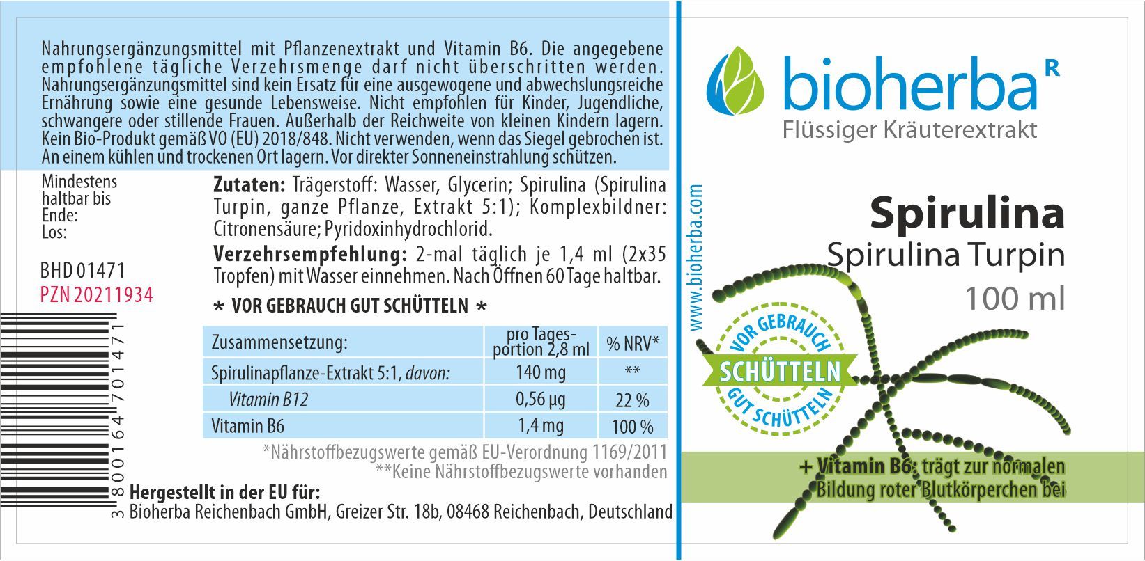Etikett der Bioherba Spirulina Turpin Tinktur. Enthält Informationen zu Inhaltsstoffen, Dosierung und Nährwerten. Mit Logo und Text.