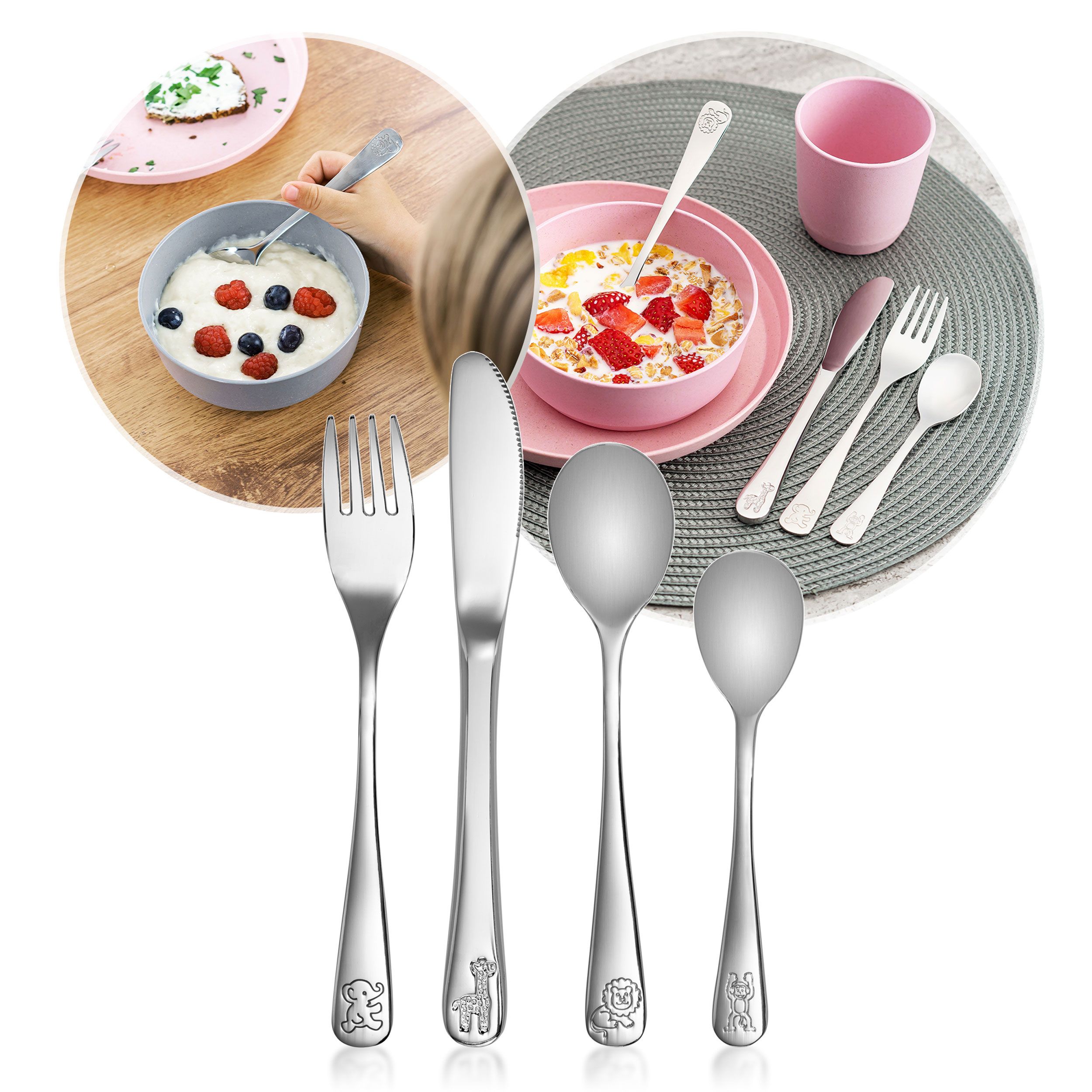 Kinderbesteck-Set mit Messer, Gabel und Löffeln. Gezeigt in einer Nahaufnahme und in Anwendung mit Essen.