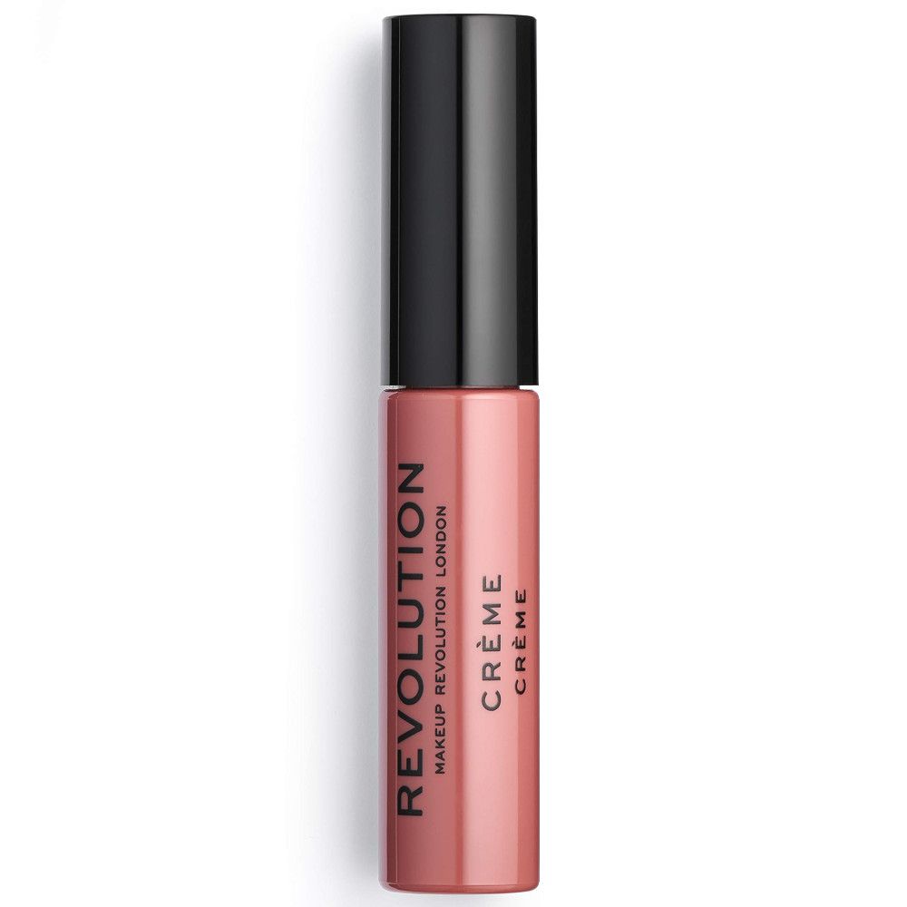 Geschlossene Lippenstift-Tube. Rosa Creme-Lippenstift. Schwarzer Deckel. Schriftzug: REVOLUTION LONDON CRÈME.