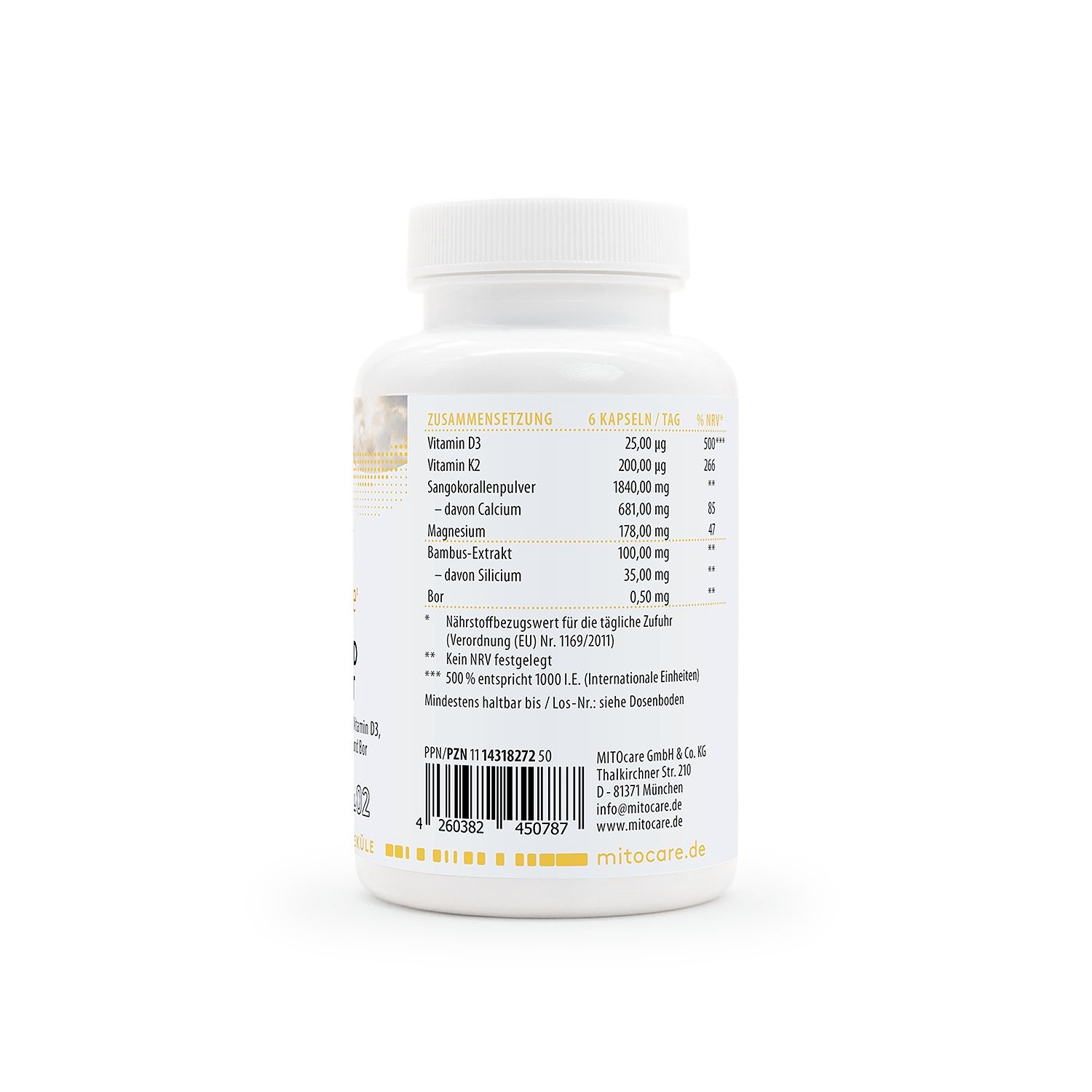 Rückseite der MITOcare® Vitamin D Regulat Kapseldose mit Nährwertangaben.