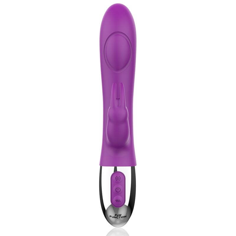 Lila Vibrator mit Hasenohren-Design. Zwei Knöpfe und Fun Function-Logo. Metallbasis.