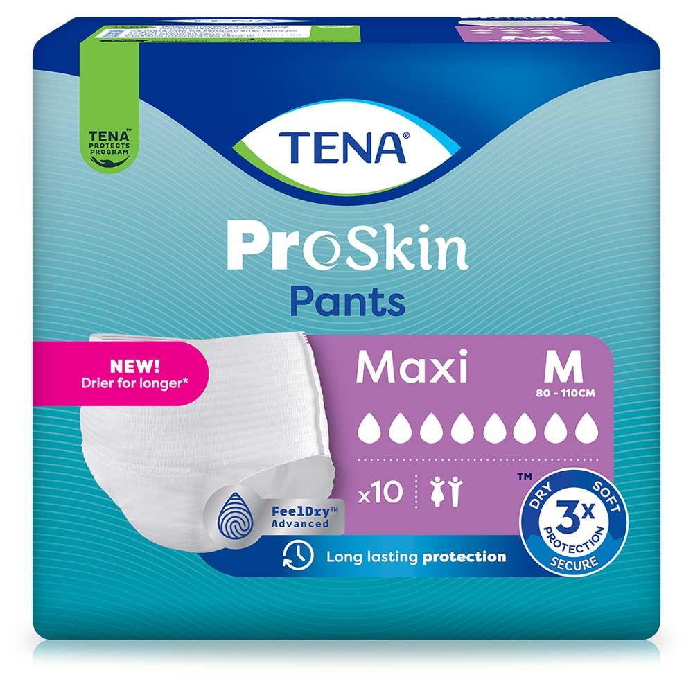 Verpackung von TENA ProSkin Pants Maxi M. Blaue Verpackung mit Produktabbildung. Enthält 10 Stück. Größe M, 80-110cm.