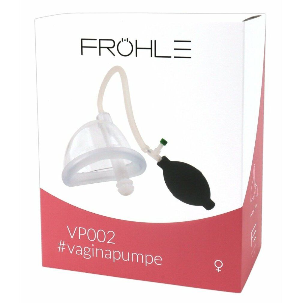 Verpackung mit Produkt. Aufschrift: FRÖHLE, VP002 #vaginapumpe. Produkt: transparente Glocke, Schlauch, schwarzer Ball.