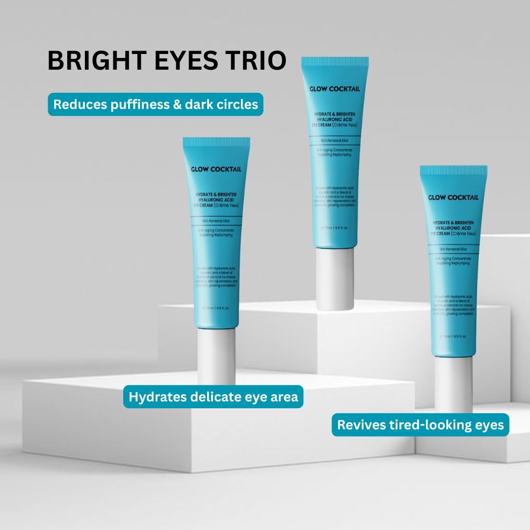 Drei Tuben Glow Cocktail Eye Cream auf Podesten. Text: Bright Eyes Trio, reduziert Schwellungen & dunkle Augenringe.
