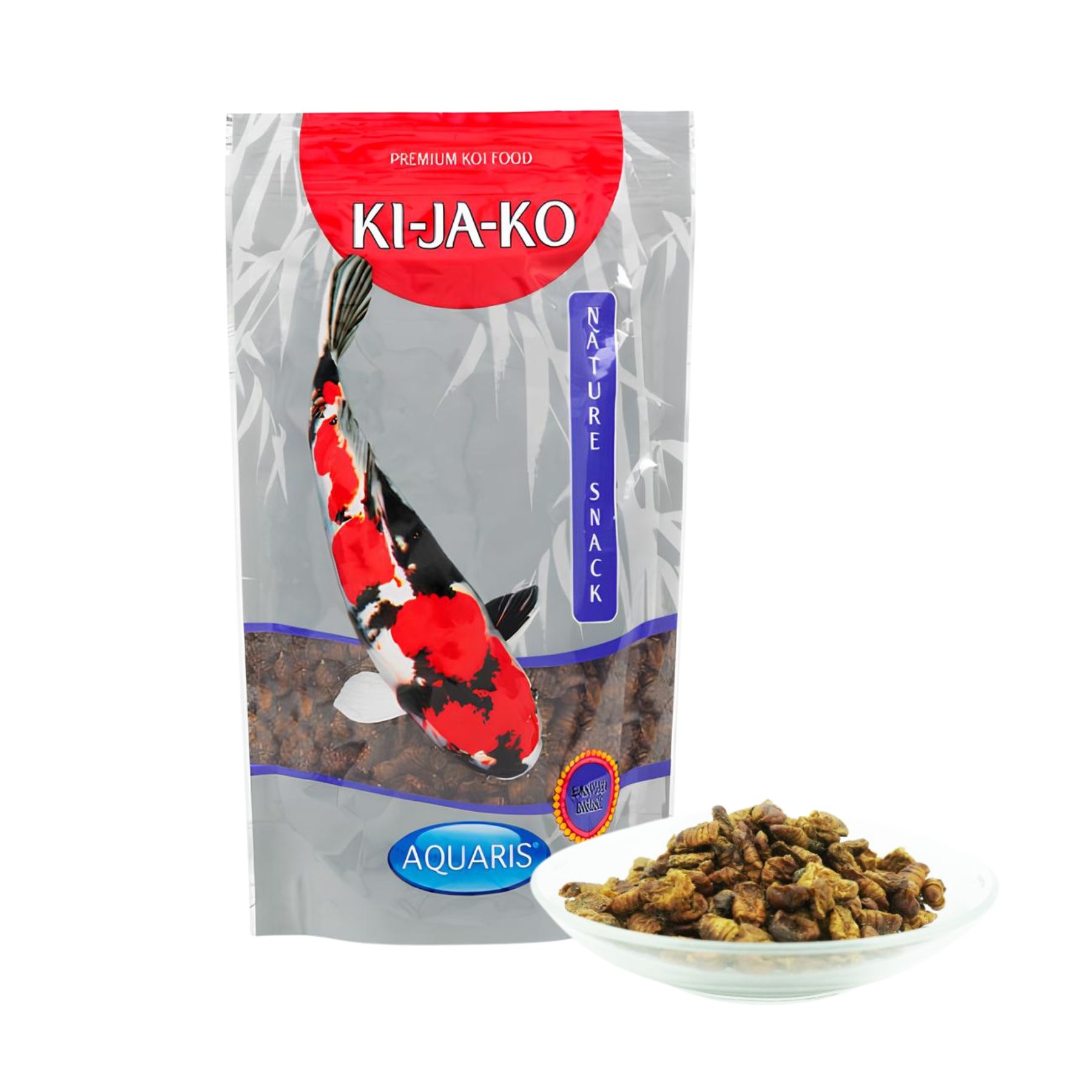 Verpackung von KI-JA-KO Koifischfutter Nature Snack. Beutel mit Koi-Fisch-Illustration und Produktnamen.