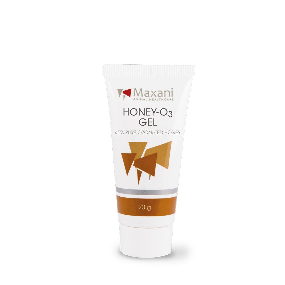 Weiß-braune Tube mit Produktbezeichnung HONEY-O3 GEL und 20 g. Logo von Maxani.