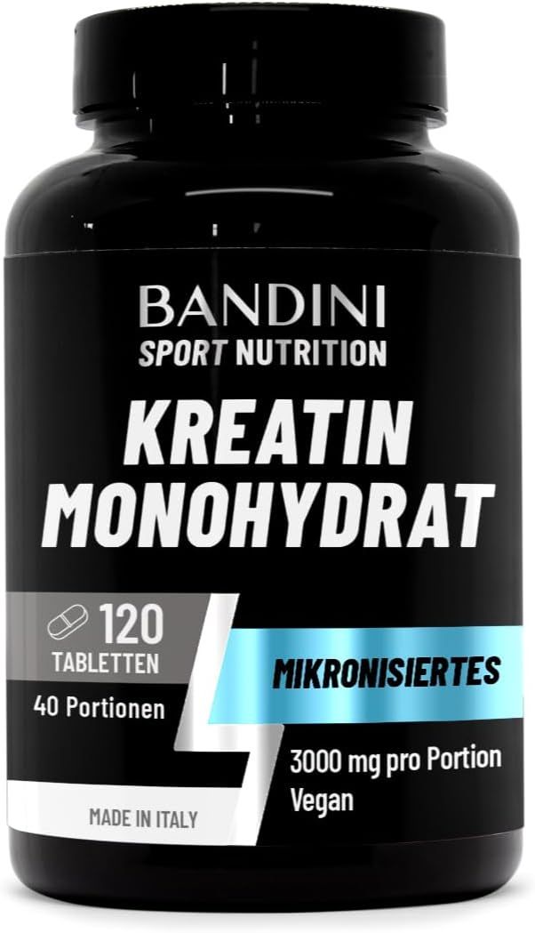 Schwarze Flasche mit weißem Etikett. Aufschrift: Bandini Sport Nutrition, Kreatin Monohydrat, 120 Tabletten, 40 Portionen. Made in Italy.