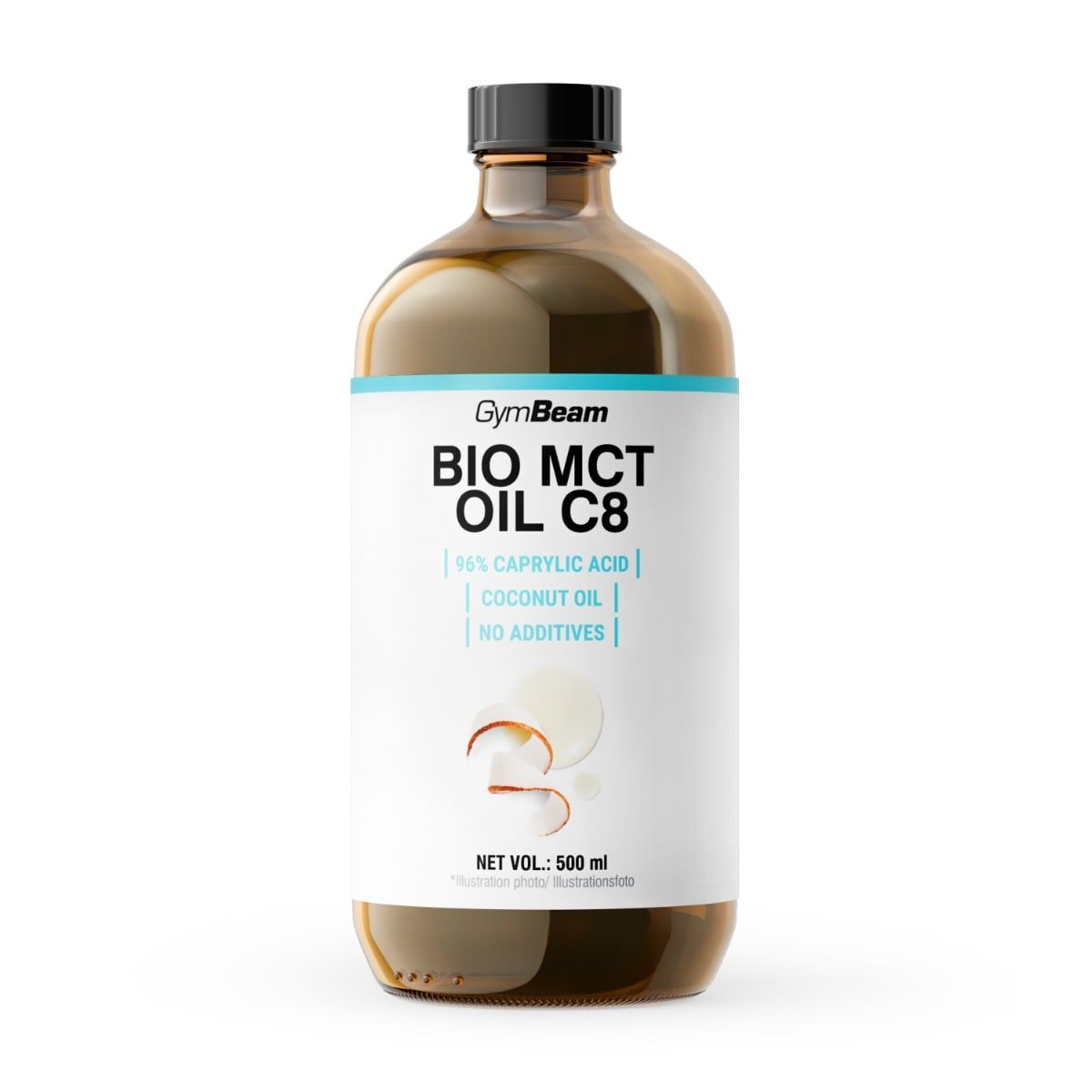 GymBeam BIO MCT Öl C8 aus Kokosnuss, 500 ml Flasche. Enthält 96% Caprylsäure, Kokosöl, ohne Zusatzstoffe.