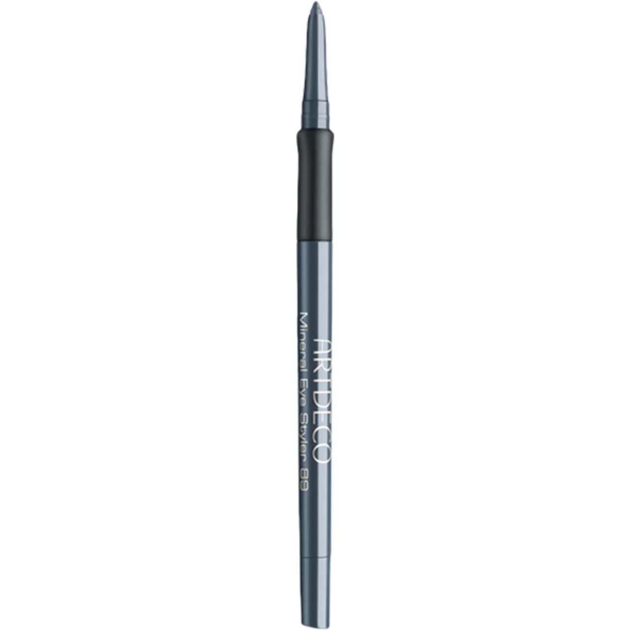Mineral Eye Styler von Artdeco. Dunkelgrauer Stift mit Spitze. Schwarzer Mittelteil. Produktbeschriftung.