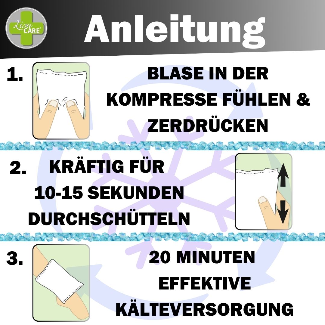 Anleitung zur Anwendung der Kältekompresse. 1. Drücken. 2. Schütteln. 3. 20 Minuten Kälteversorgung. Logo LisaCare.