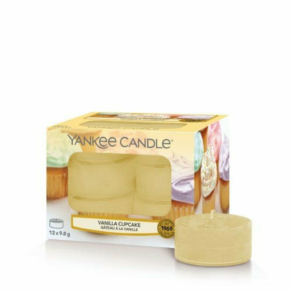 Teelicht mit Verpackung. Aufschrift: Yankee Candle Vanilla Cupcake. 12 Stück. Gelbe Kerze.