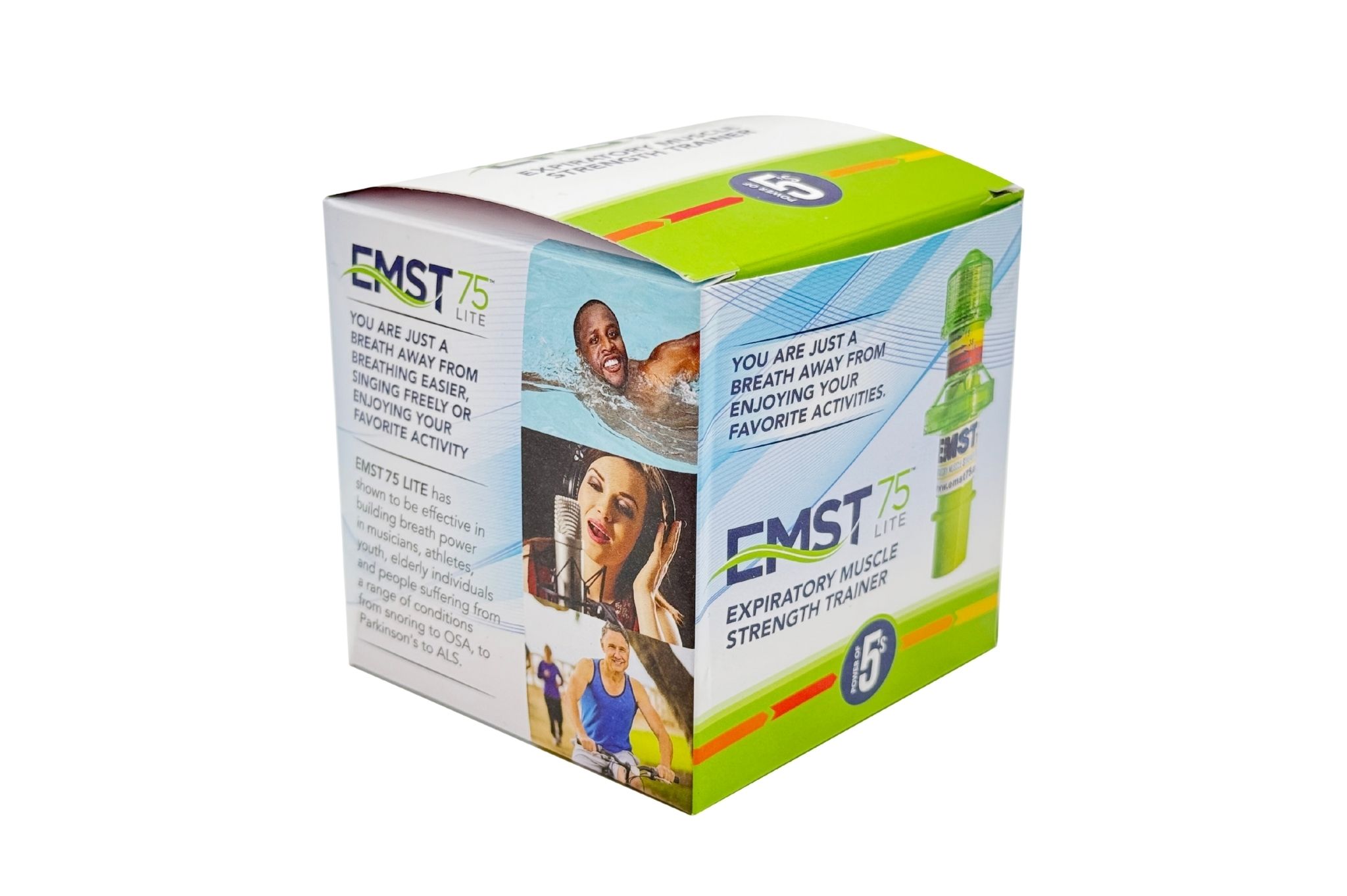 Verpackung des Aspire EMST75 Einsteiger Atemtrainers mit Produktabbildungen und Text.