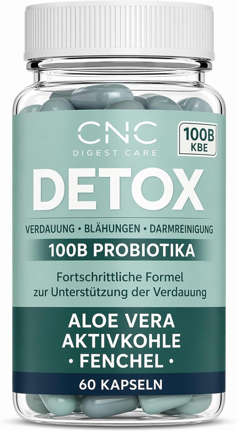 Flasche mit 60 Kapseln CNC DETOX, enthält Aloe Vera, Aktivkohle und Fenchel.