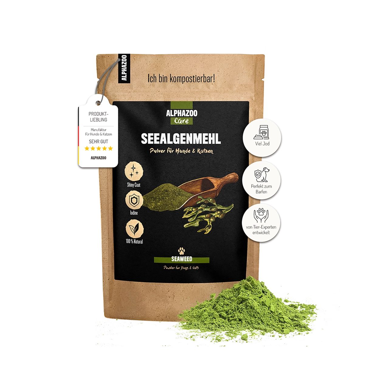 Braune Tüte mit grünem Pulver und Produktinformationen. Aufschrift: Seealgenmehl. Mit Anhänger: Produktliebling, sehr gut.