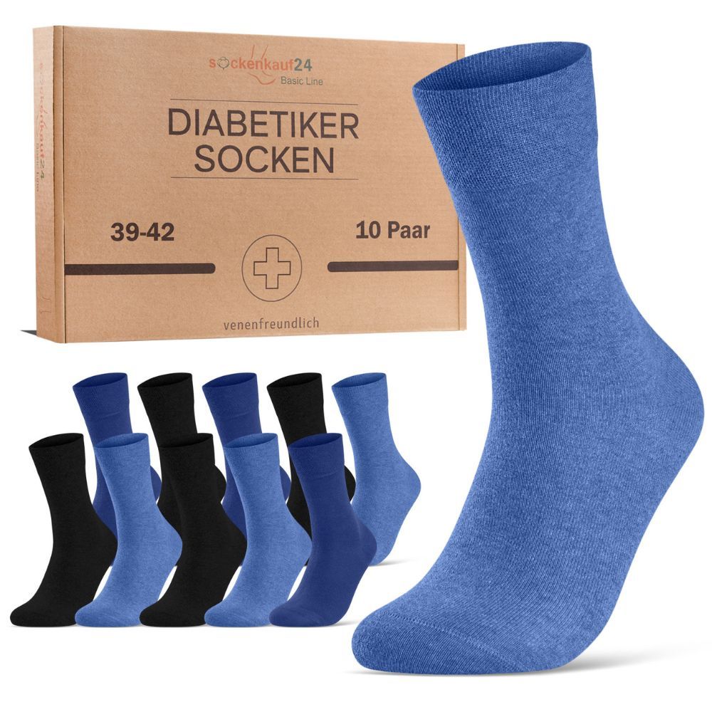 Blaue und schwarze Diabetiker Socken, 10 Paar, in einer braunen Box. Größe 39-42. Marke: sockenkauf24.