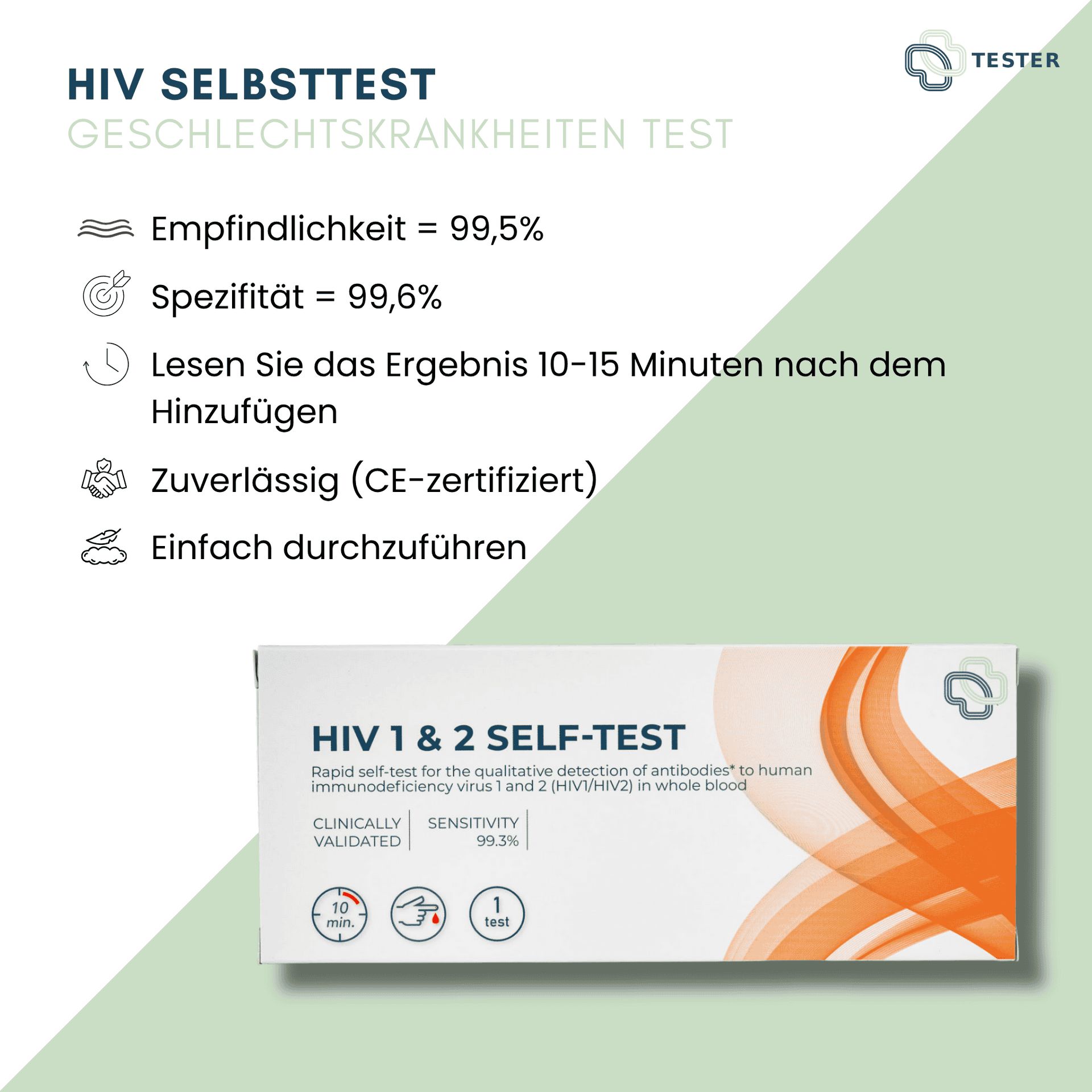 Informationen zu einem HIV-Selbsttest: Empfindlichkeit 99,5%, Spezifität 99,6%. CE-zertifiziert. Ergebnis in 10-15 Min.