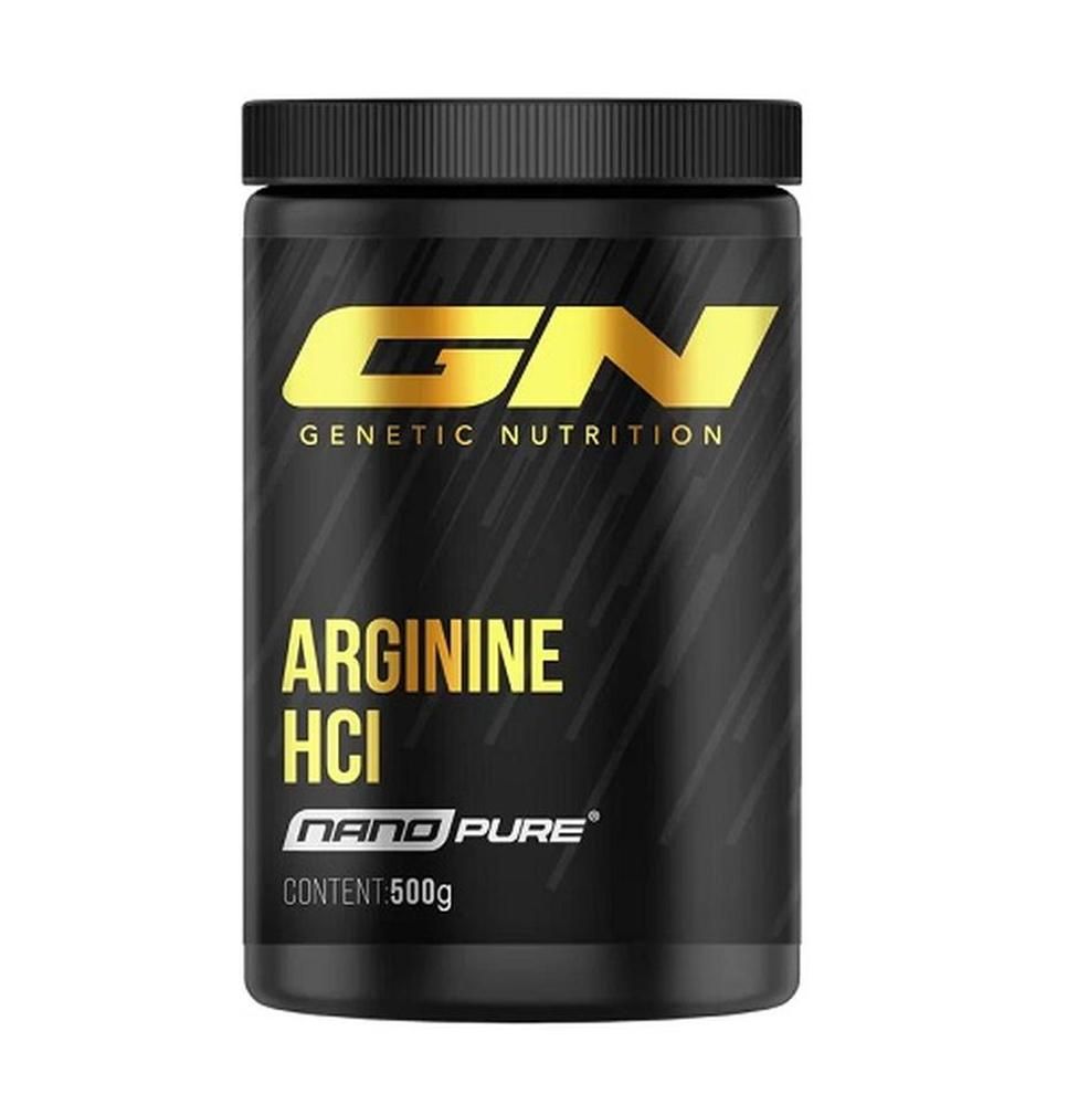 Schwarze Dose mit gelbem "GN"-Logo und "Arginine HCL Nano Pure"-Schriftzug. Enthält 500g.