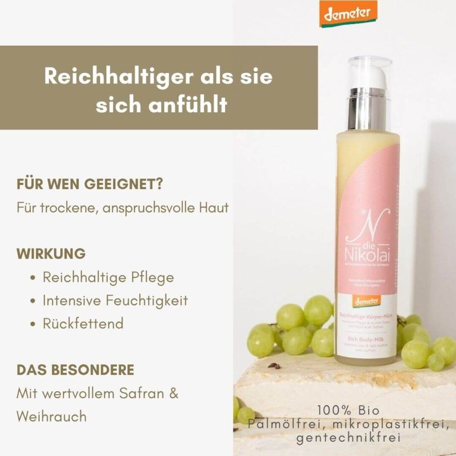 Flasche Körper-Milch mit rosa Etikett, Trauben, Demeter-Logo. Text: 100% Bio, frei von Palmöl, Mikroplastik, Gentechnik.