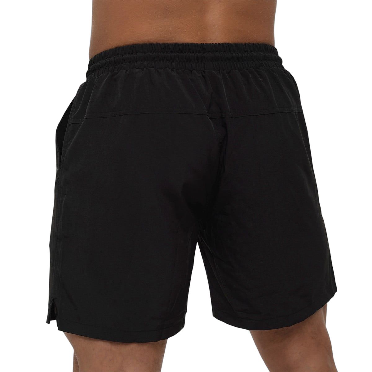 Rückansicht der schwarzen GymBeam Badeshorts für Männer mit Kordelzug und Taschen.